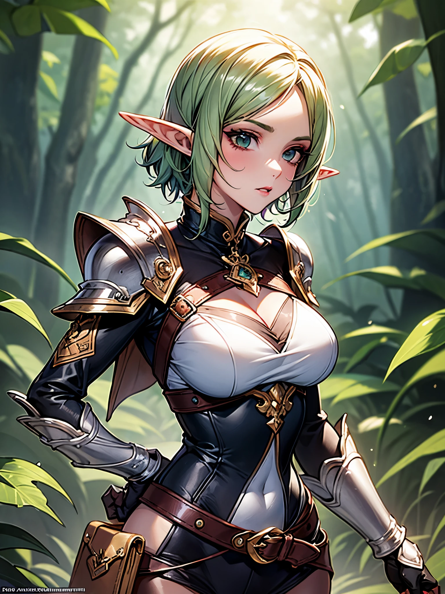 ((highest quality)),(ultra high resolution),(Super detailed),(detailed description),((best CG)),(best work of art),super precision art,amazing drawing art,(Fantasy art with precise details:1.5), (female elf:1.6),(beautiful and well-shaped face:1.6),(slender body:1.4),(Finely detailed leather armor:1.6,belt:1.3),(natural makeup:1.5),(Shiny light green short hair:1.6), Sunbeams filtering through the foliage in the depths of the dark forest:1.8,Countless floating particles of soft light:1.4