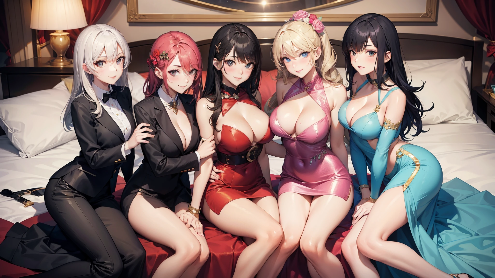 four sexy women looking at camera, flirtatious smiles, on bed, casino outfits, portrait