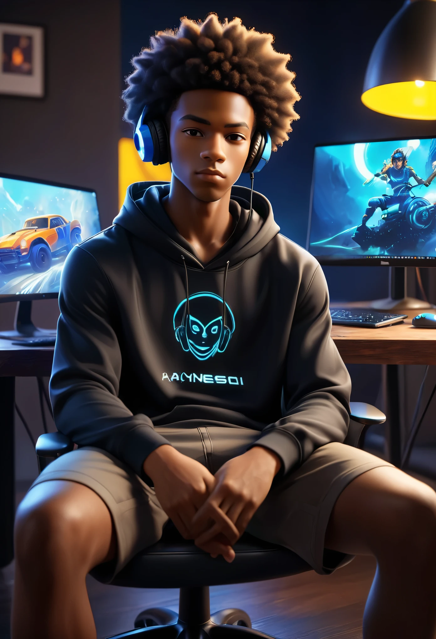 a african-american anime like young guy with a coiling long afro hair sitting in a video game type of chair facing the camara with looking straight at the camara a well designed laptop on the table in front of him, wearin a black hoodie, with a headphone around his neck, the background should be like studio/game/tech type of room that is a little bit blur, with a blue and yellow light bowsing around the guy and the room