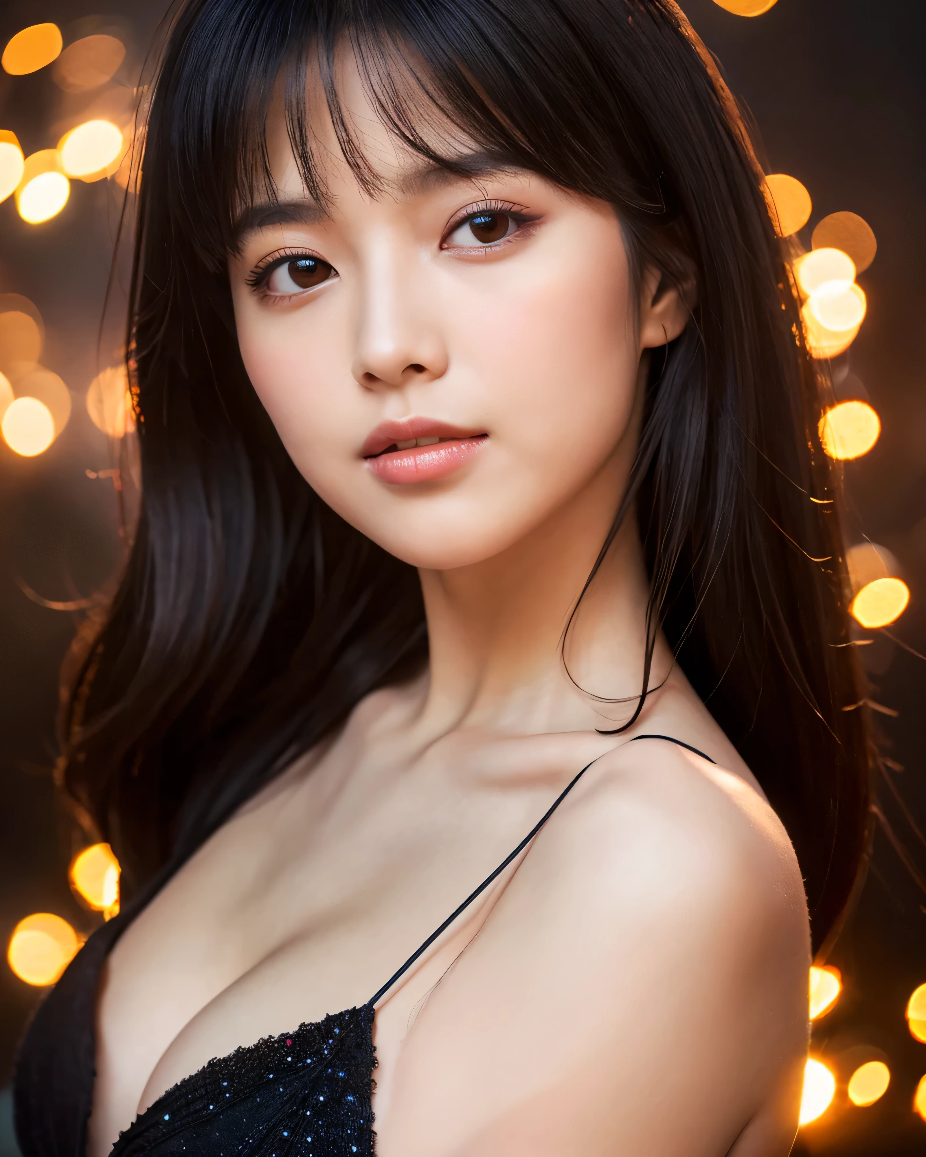highest quality, 8k, High resolution, masterpiece:1.5, ), landscape, whole body, beautiful japanese woman, 19 years old, Lustrous beautiful black hair, long straight hair, asymmetrical bangs, big magic eyes, High resolutionの美しい瞳, smooth soft skin, pale pink lips, A fleeting expression, black dress, perfect collarbone, soft big breasts, High resolutionの美しい胸元, High resolutionの美しい太もも, flame background, colorful sparks flying, professional lighting, professional photographer