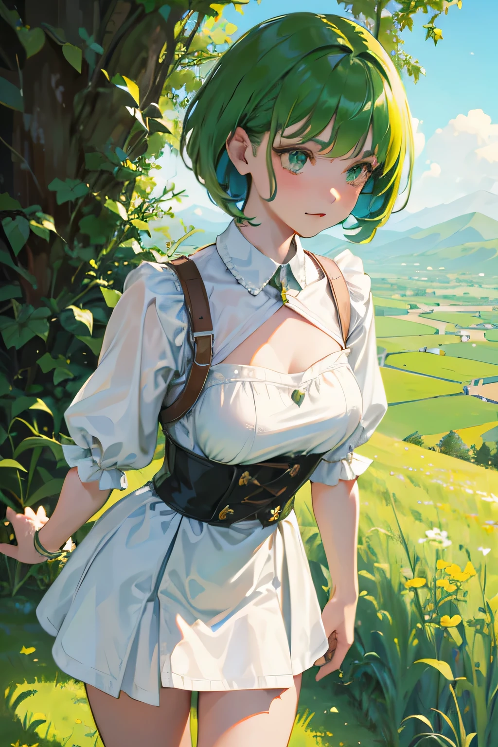 Girl standing alone, meadow, green hair, short hair, adventurer cloth, green eyes, facing away, 8k, best quality