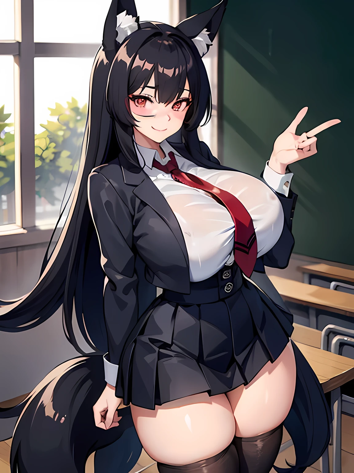 1 girl, long black hair, fox ears, only fox ears, crimson eyes, extremly detailed, blushing, huge breasts, sexy and seductive, wearing school uniform, skirt, classroom, tall women, long flufy nine fox tails, thicc thighs, wide hips, smile, horny, absurdes, high res, ultra sharp, 8k, masterpiece, looking at viewer