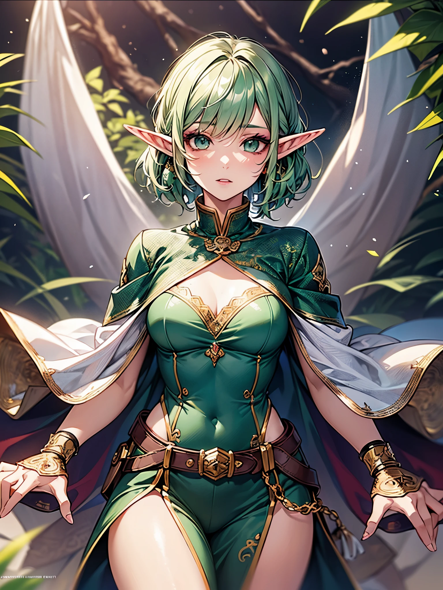 an elf mage, short hazelnut hair, glasses, large breasts, exposed thighs, hair between eyes, heroic posture, bright green eyes, full body, white and green sorcerer's cloak, confident, fantasy, medieval, wind magic, sun rays, lens reflection, brilliance