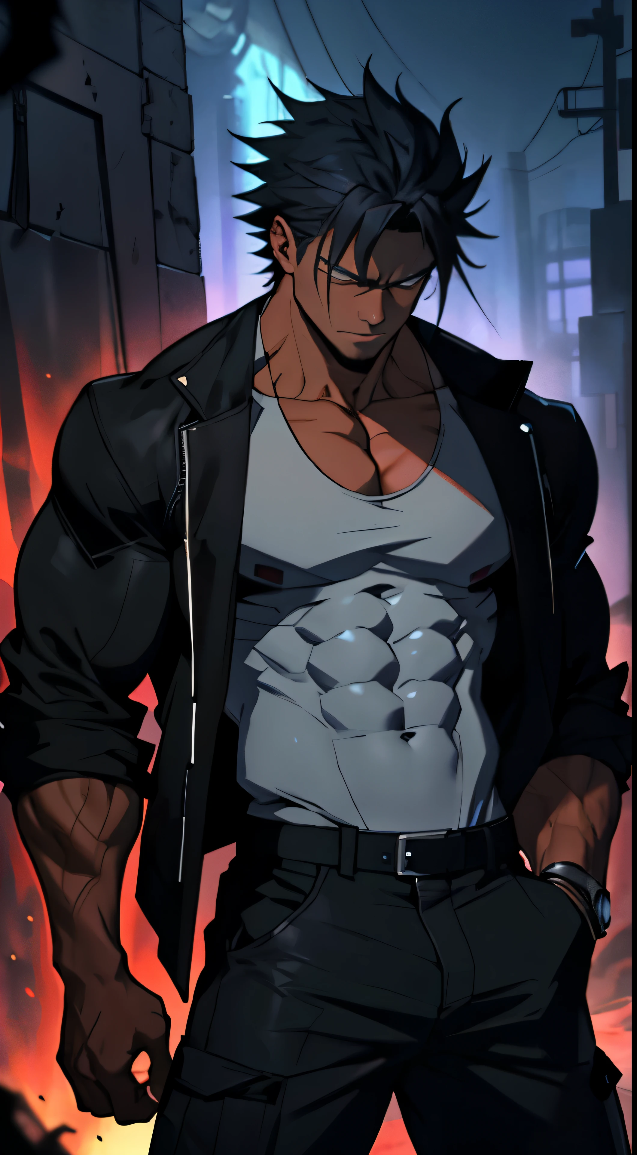 In the depths of the shadowy abyss, the whole body of the African boy stands out in anime style, radiating raw strength and agility with every fiber of his being. His muscular form is accentuated by the contrast of the dark environment, and his sharp nails glisten ominously. Draped over his broad shoulders is an African tank top jacket, its vibrant colors stark against the darkness, while black pants hang loosely from his lean hips.
A soft, gentle expression graces his features, the stark contrast between his powerful physique and expression making him all the more captivating. Several intricate, geometric marks adorn his toned arms, adding a mystical touch to his
