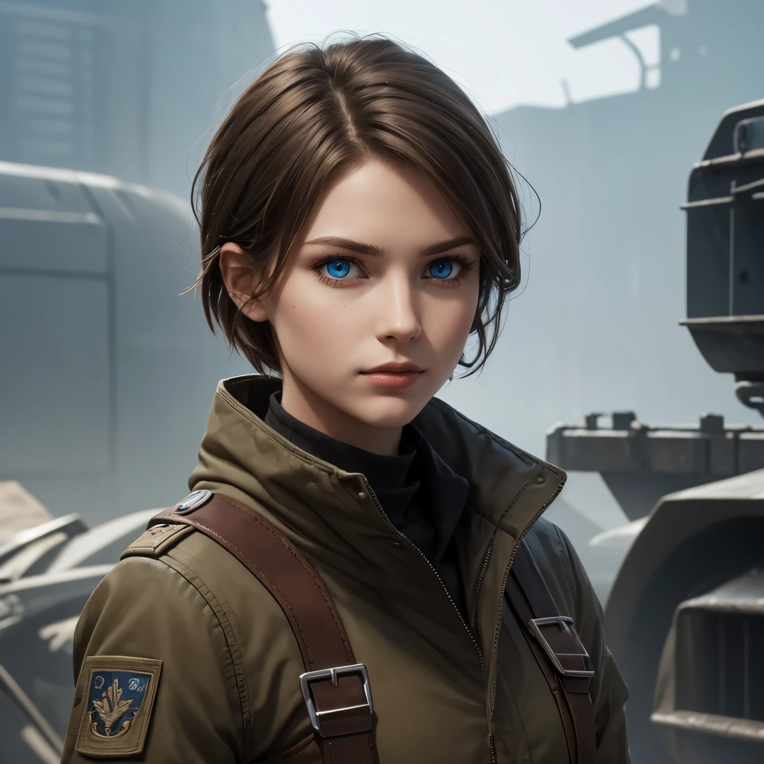 Slavic, solo female, straight short brown hair, blue eyes, resistance fighter