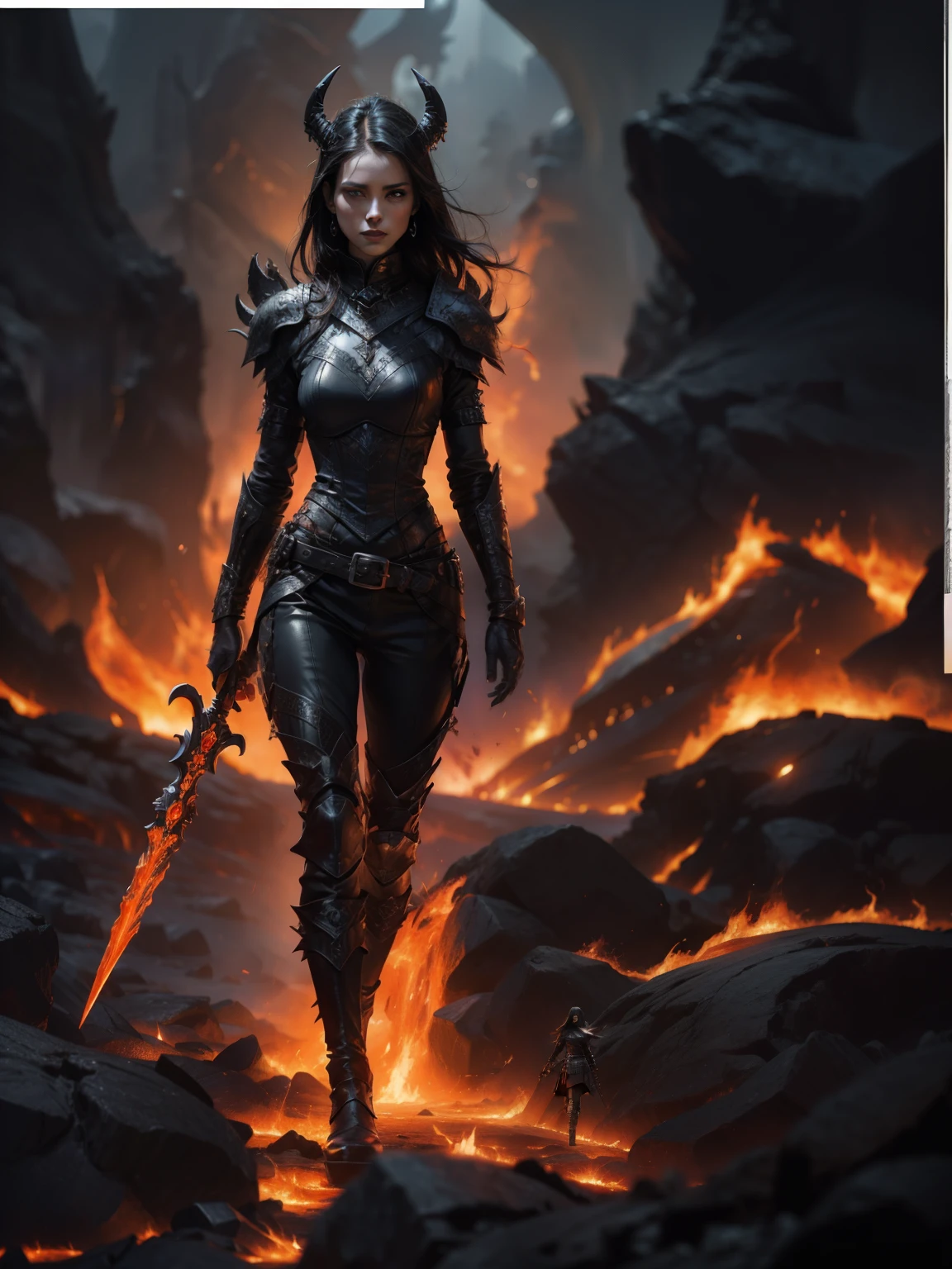 arafed woman in black leather outfit walking through a lava field, in style of dark fantasy art, epic fantasy digital art style, diablo 4 lilith, epic fantasy art style hd, 4k fantasy art, epic fantasy digital art, epic fantasy character art, a very beautiful berserker woman, of a beautiful female knight, beautiful female warrior, epic fantasy art style