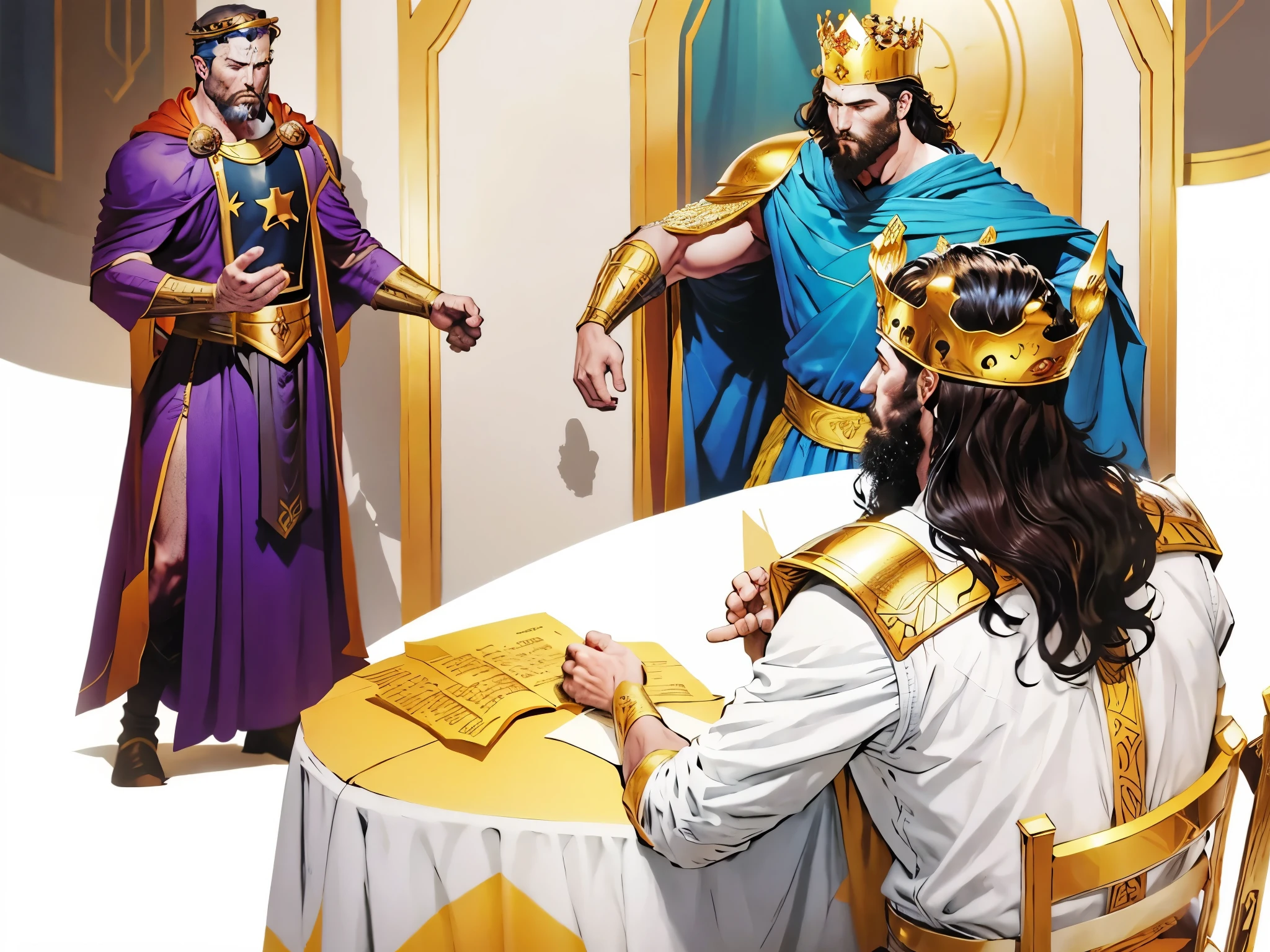 There is a banquet. There's a king standing, saindo por uma porta. There is a woman sitting with a crown on her head. There&#39;s a man standing with a crown on his head. biblical costumes. Biblical setting. biblical style. comic book style.