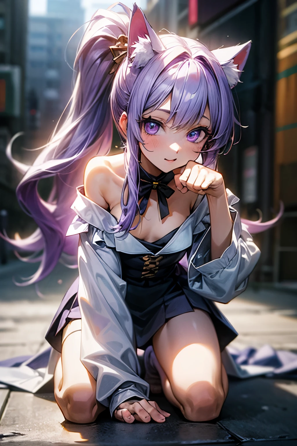 ((Masterpiece)), (Anime:1.5), ((best quality)), (RAW photo:1.2), (High Definition:1.3), (Professional Photography:1.2), (glowing light), 1girl, (()), small breast, (kneeling), 1girl, cute, (paw Pose), (put on cat ears), long ponytail, unruly hair, pale purple hair, cute eyes, (white sleeves), (Off-shoulder long sleeves), city street, high res, ((beautiful purple eyes)),