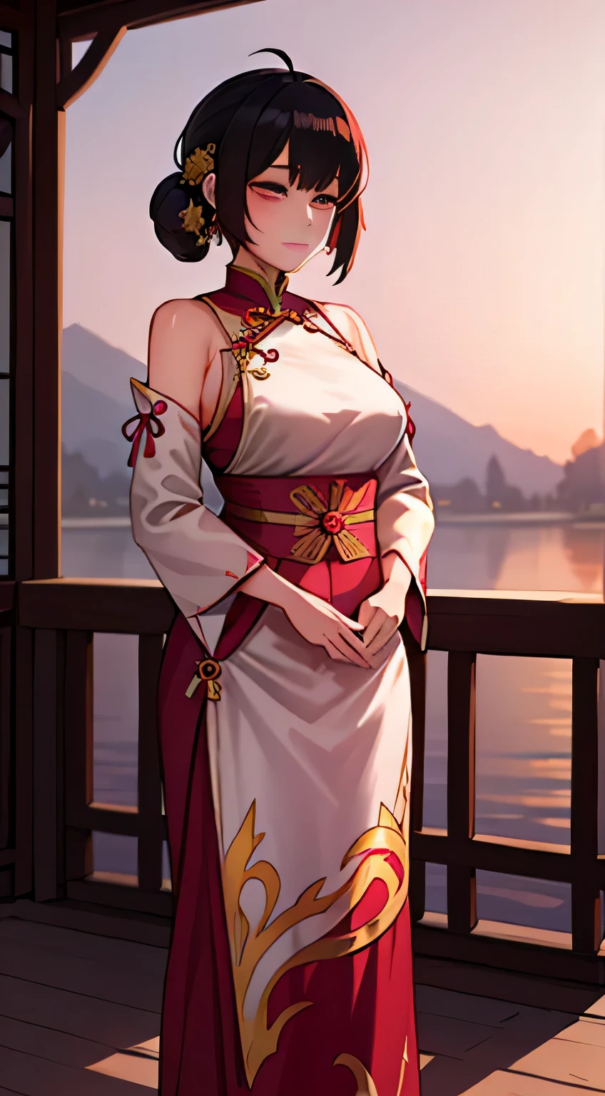 In this stunning and official Unity 8K wallpaper, a young girl dressed in intricately designed Chinese clothes stands alone in a beautiful and aesthetic outdoor setting. The sun sets behind her, casting long shadows on the ground and painting the sky with hues of orange and pink. The girl's black hair falls in soft waves around her shoulders, and she dons a traditional hanfu outfit adorned with wide sleeves and delicate patterns.

Falling leaves gently twirl around her, adding to the serene atmosphere of the scene. An antique antenna and paper lanterns can be seen in the background, providing contrast and depth to the ultra-detailed image. The girl's pose is confident and