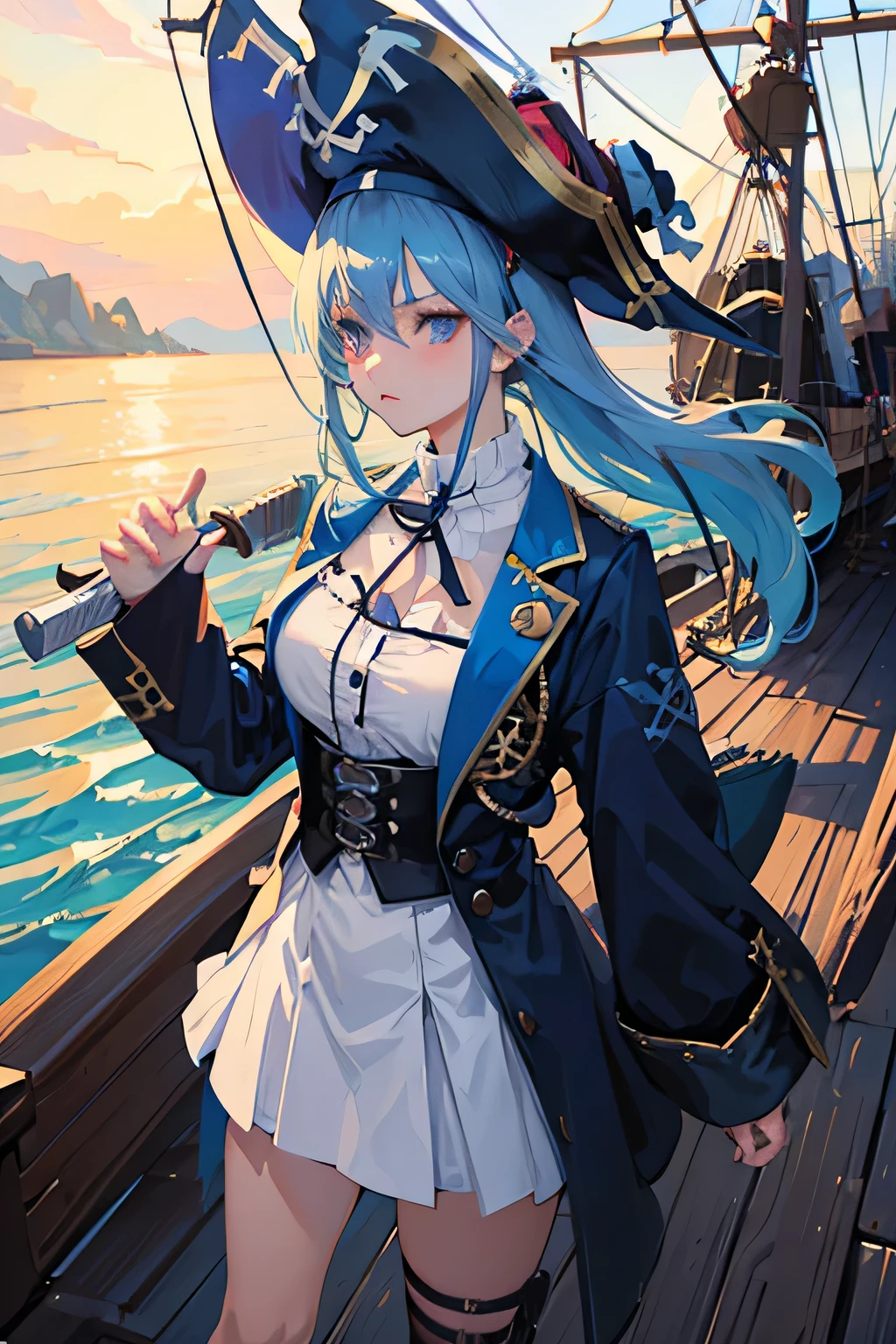Anime girl, Blue Hair, Blue Eyes, Violet Pupil, Lighting Shape Pupil, Eyepatch, Pirate Outfit, Pirate Hat, Hold up Bone Sword, Standing On Pirate Ship, Day, Sea, Facing Away, Spirit Face, Realistic Light, Best Quality, 8K
