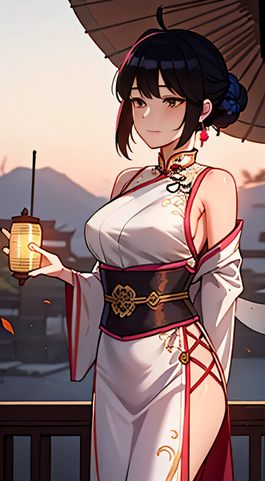 In this stunning and official Unity 8K wallpaper, a young girl dressed in intricately designed Chinese clothes stands alone in a beautiful and aesthetic outdoor setting. The sun sets behind her, casting long shadows on the ground and painting the sky with hues of orange and pink. The girl's black hair falls in soft waves around her shoulders, and she dons a traditional hanfu outfit adorned with wide sleeves and delicate patterns.
Falling leaves gently twirl around her, adding to the serene atmosphere of the scene. An antique antenna and paper lanterns can be seen in the background, providing contrast and depth to the ultra-detailed image. The girl's pose is confident and