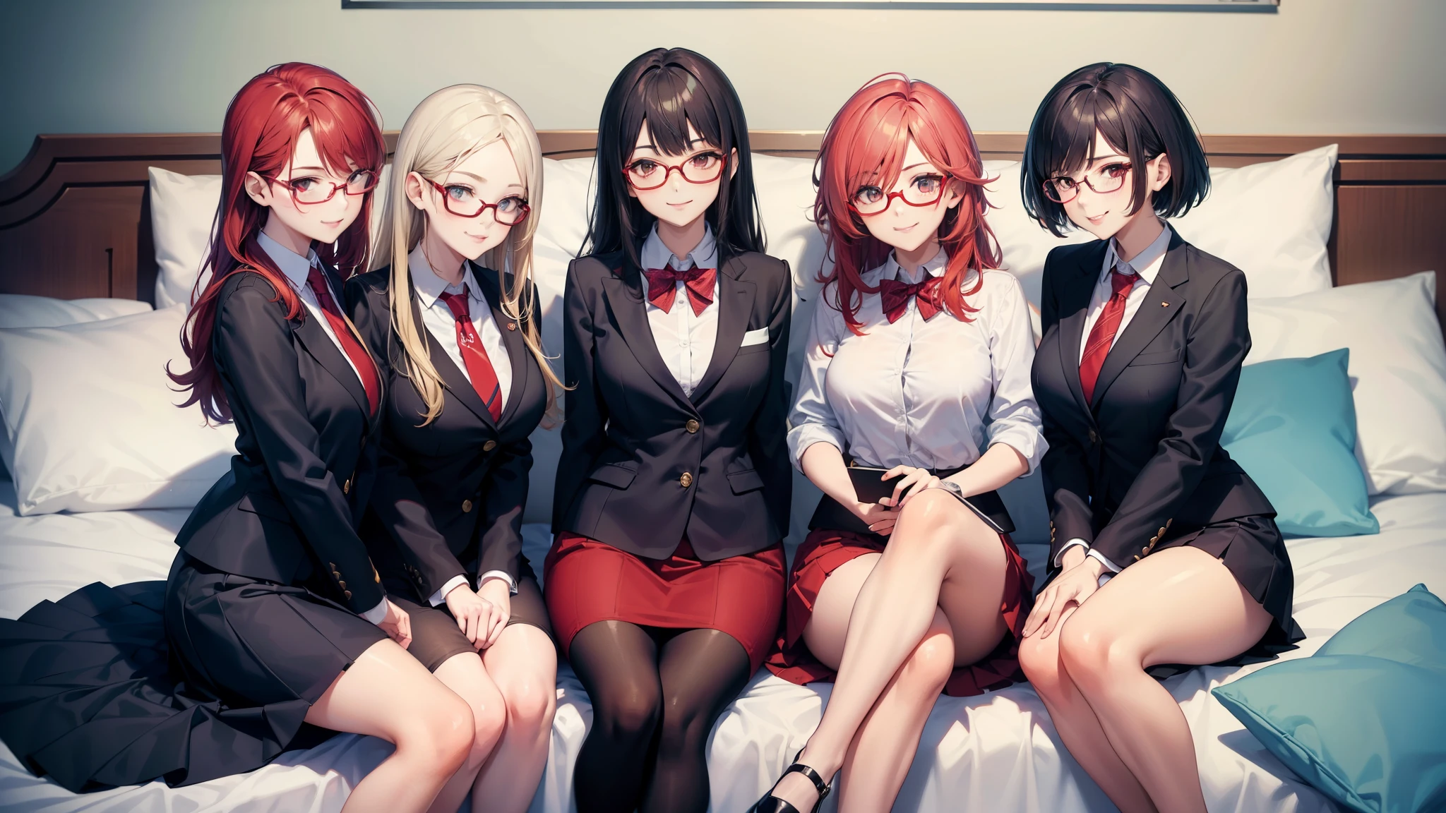 three sexy women in office outfits, flirtatious smiles, on bed, closed eyes, opened mouths moaning, close up faces portrait, curly white and red hair, glasses