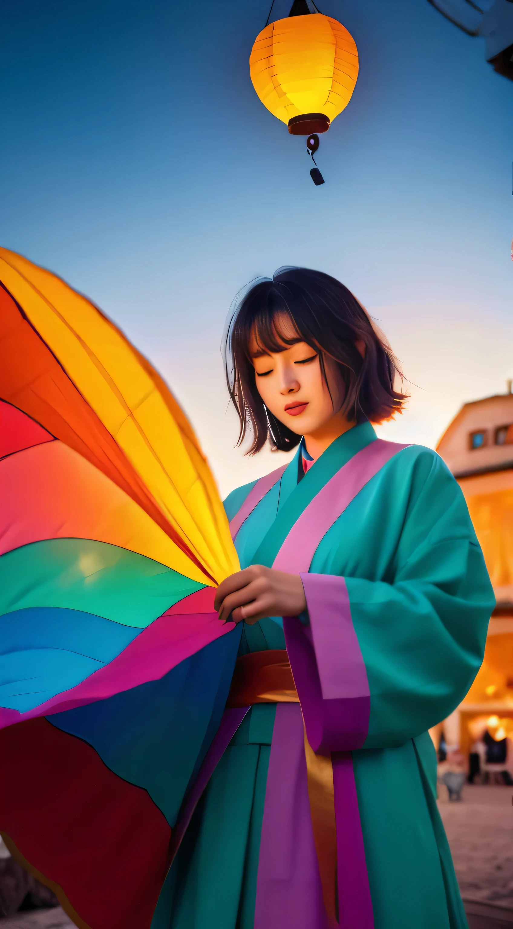 official art, unity 8k wallpaper, ultra detailed, beautiful and aesthetic, masterpiece, best quality, (Fire, water, ribbon, paper cutting), (fractal art:1.3) 1girl,building, (solo:1.5), chinese_clothes, sky, outdoors, wide_sleeves, black_hair, sunset, (falling_leaves:1.2), antern, (paper_lantern:1.5),blue sky, (outdoors:1.5),hanfu, (rainbow-candy:0.8), (style-swirlmagic:0.8),