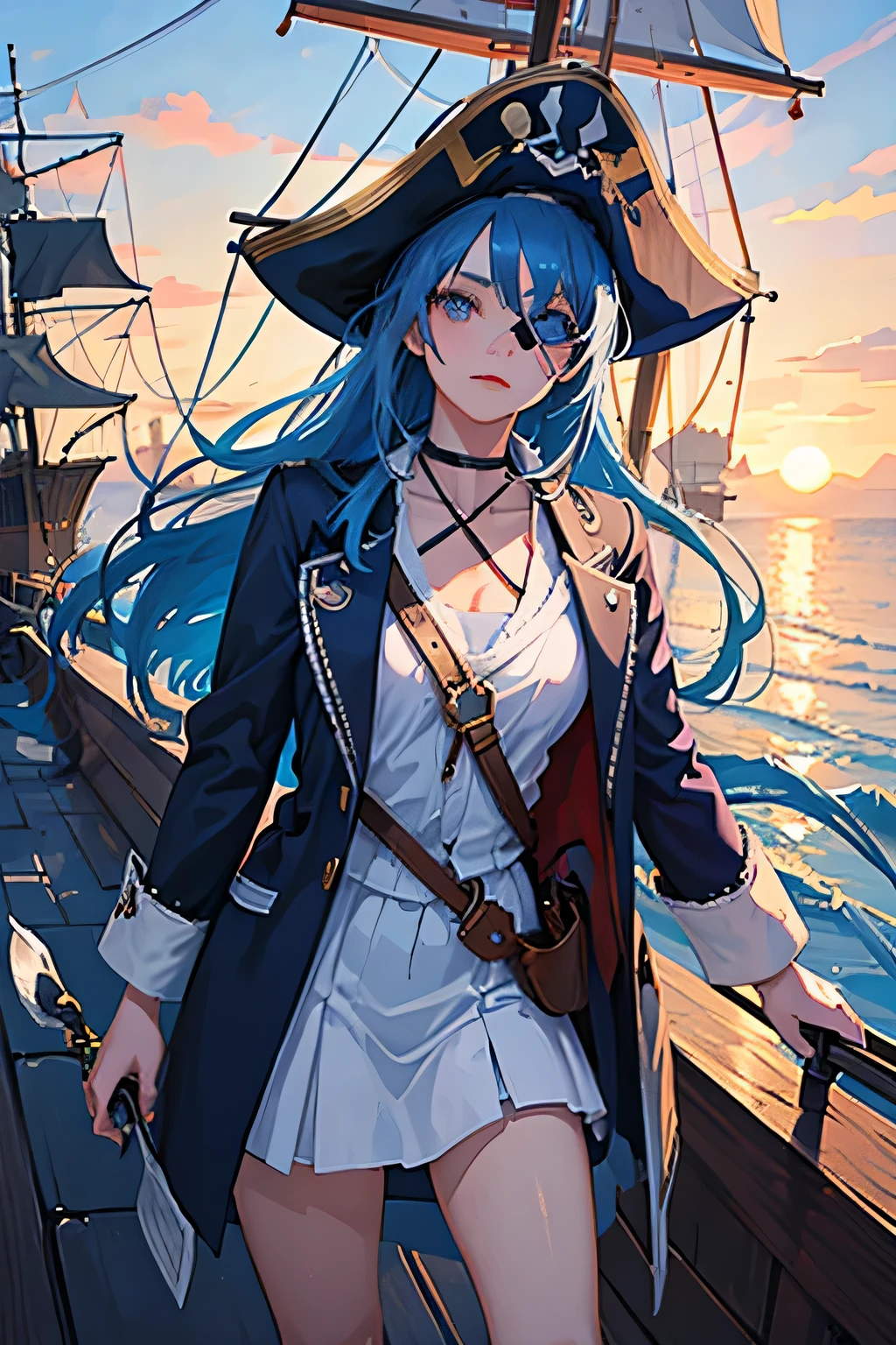 Anime girl, Blue Hair, Blue Eyes, Violet Pupil, Lighting Shape Pupil, Eyepatch, Pirate Outfit, Pirate Hat, Hold up Bone Sword, Standing On Pirate Ship, Day, Sea, Facing Away, Spirit Face, Realistic Light, Best Quality, 8K