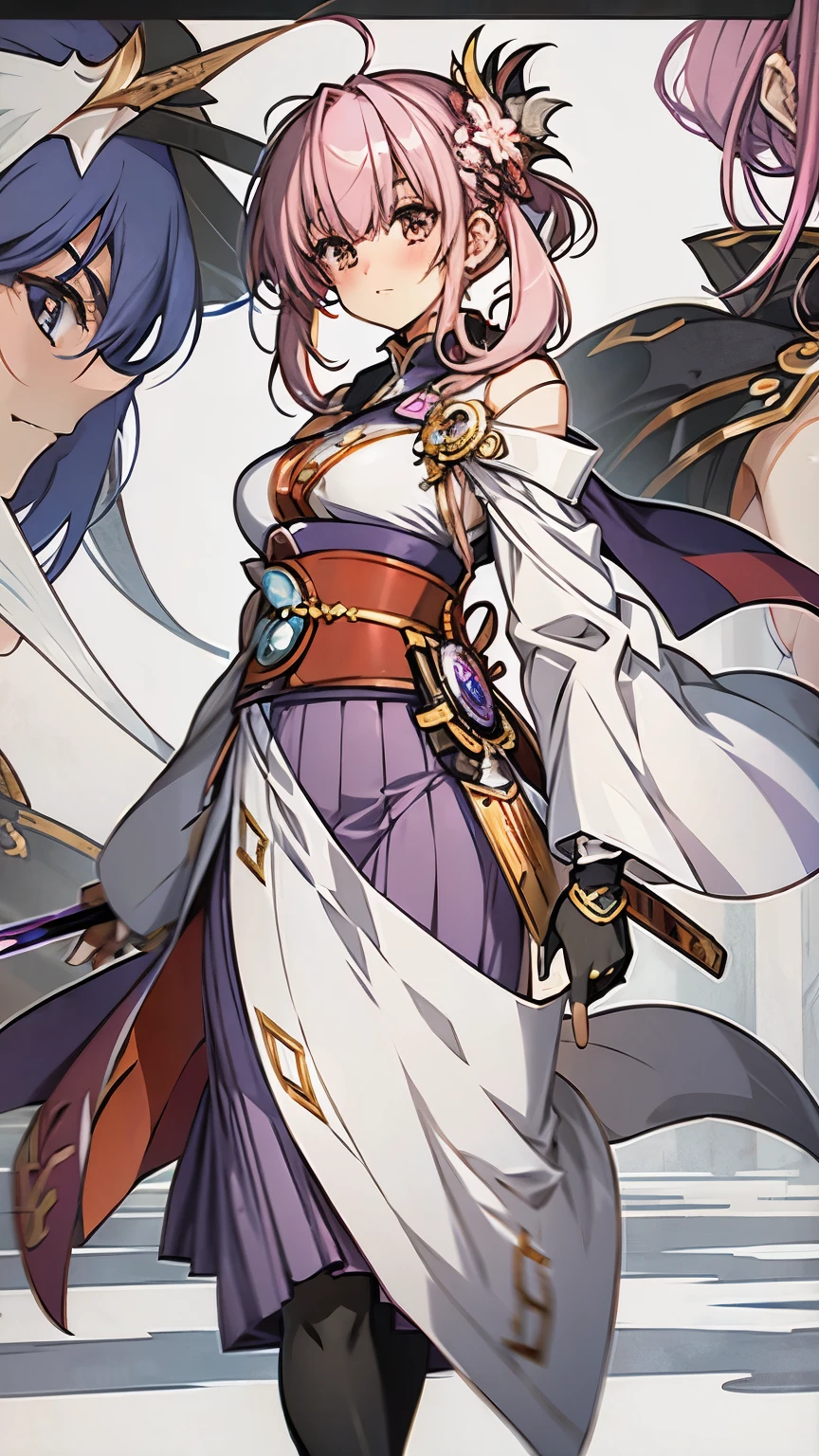 extreme details, Irreproachable, bird's-eye, As a work of art, Anime girl holding an ice and snow sword, Pink hair and a purple long skirt complement each other, looking at the distant Ayaka Genshin, leading us into the world of Genshin.