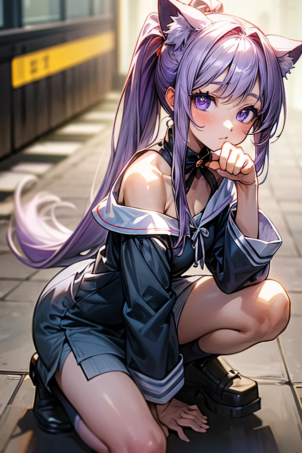 ((Masterpiece)), (Anime:1.5), ((best quality)), (RAW photo:1.2), (High Definition:1.3), (Professional Photography:1.2), (glowing light), 1girl, ((12 years old)), small breast, (kneeling), 1girl, cute, (paw Pose), (put on cat ears), long ponytail, unruly hair, pale purple hair, cute eyes, (white sleeves), (Off-shoulder long sleeves), city street, high res, ((beautiful purple eyes)),