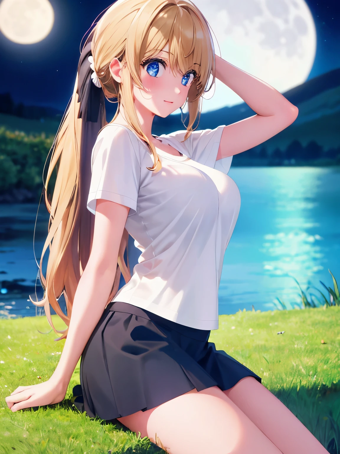 1woman,super beautiful,Sit,Camera angle from the side,Hands pulling hair into a ponytail,grass hill, looking away,at night, beautiful moon, blush,half body photo,Focus on face,Beautiful eyes, very detailed face, HD face, perfect face,black t-shirt,black mini skirt,Very big breasts,Blonde hair,long hair,wavy hair,bangs,blue eyes,ultra detail,ultra Hd, masterpiece,4k