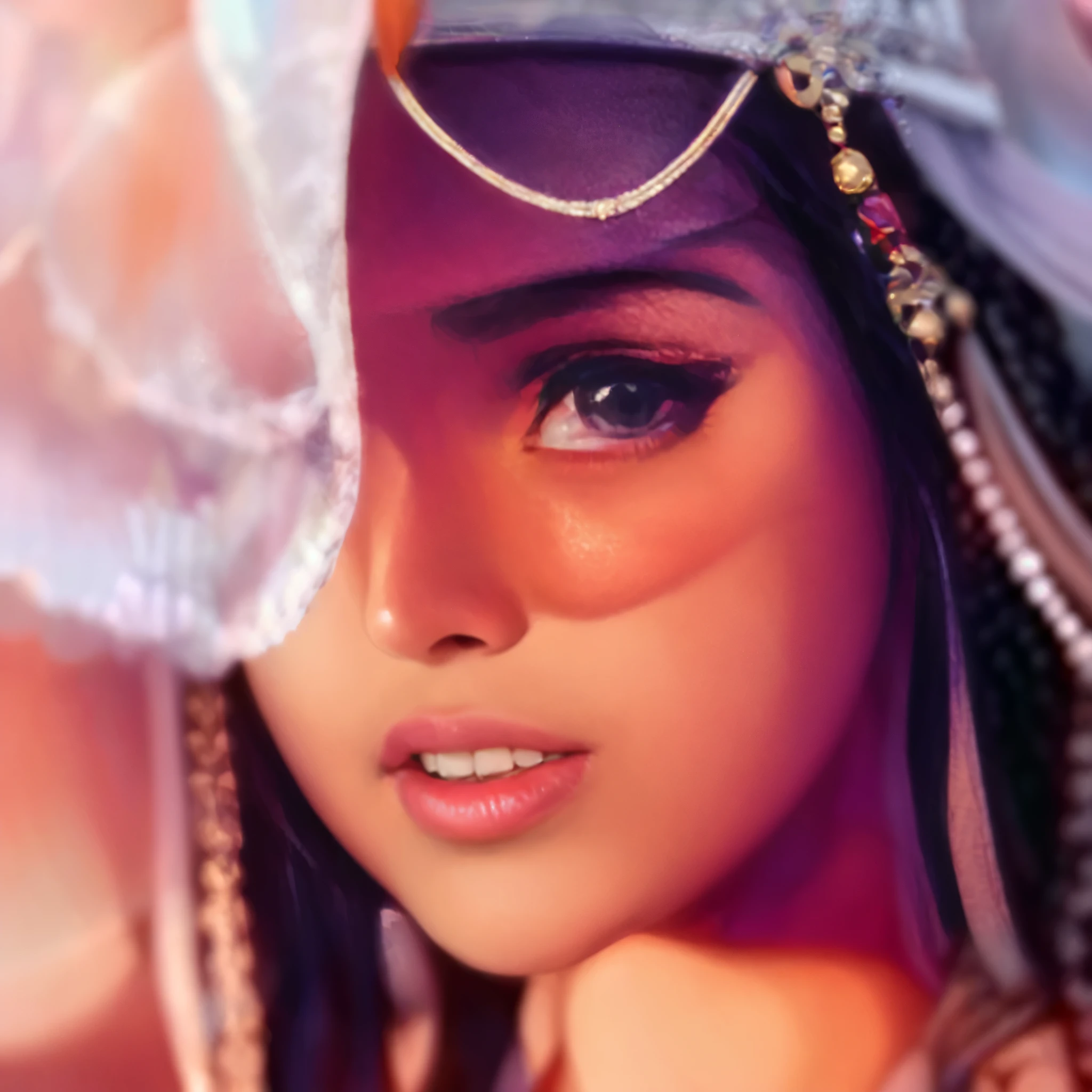 a close up of a woman wearing a headdress and a veil, persian princess, persian queen, profile pic, portait of haifa wehbe, arabian princess, soft devil queen madison beer, sweet, arabian beauty, low res, godess, princess, !!!!mila kunis, highres, fantasy”, fantasy ”, lowres, [[fantasy]]