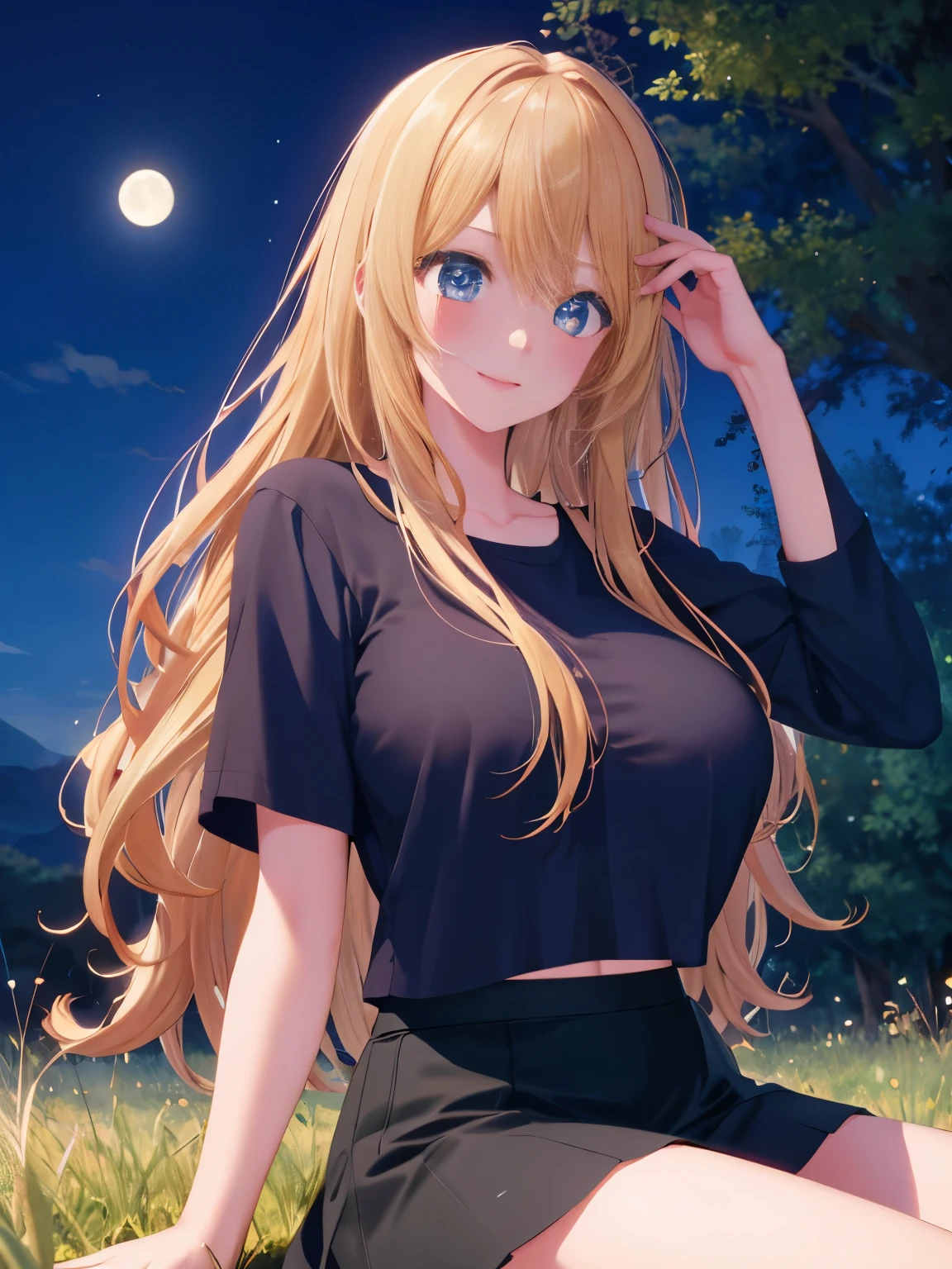 Anime, 1girl, blonde hair, purple eyes, glowing eyes, crop top, skirt, parted lips, blush, night, flowers, sun, sunlight, big tits, big lips