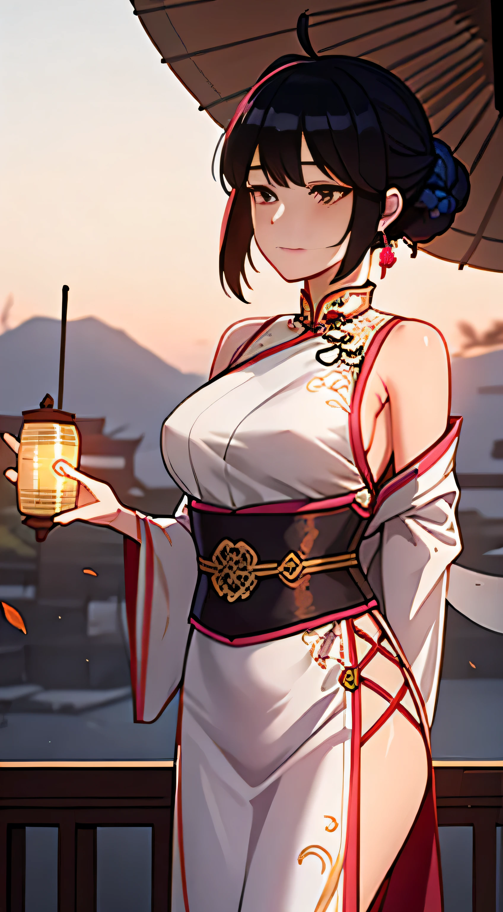 In this stunning and official Unity 8K wallpaper, a young girl dressed in intricately designed Chinese clothes stands alone in a beautiful and aesthetic outdoor setting. The sun sets behind her, casting long shadows on the ground and painting the sky with hues of orange and pink. The girl's black hair falls in soft waves around her shoulders, and she dons a traditional hanfu outfit adorned with wide sleeves and delicate patterns.

Falling leaves gently twirl around her, adding to the serene atmosphere of the scene. An antique antenna and paper lanterns can be seen in the background, providing contrast and depth to the ultra-detailed image. The girl's pose is confident and