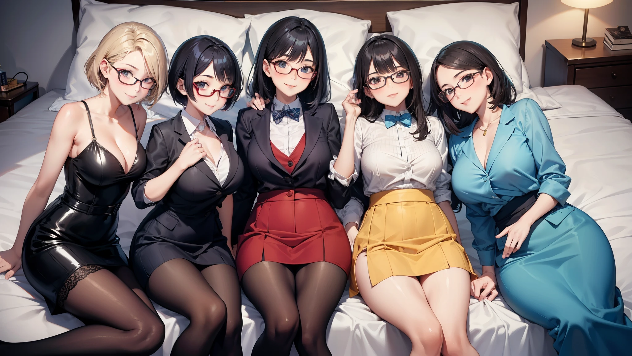 four sexy women looking at camera, flirtatious smiles, on bed, glasses, kindergarten teachers outfits, portrait