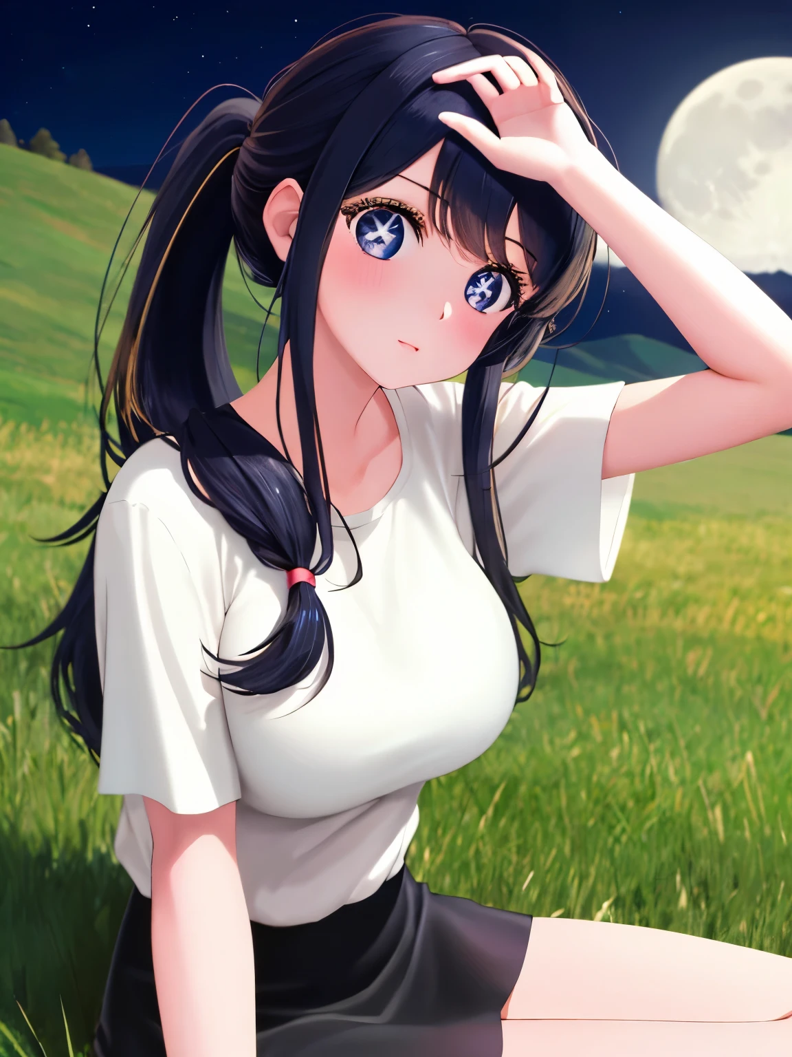1woman,super beautiful,Sit facing sideways,ponytail,Both hands on head,grass hill, at night, beautiful moon, blush,half body photo,Focus on face,Beautiful eyes, very detailed face, HD face, perfect face,black t-shirt,black mini skirt,Very big breasts,Blonde hair,long hair,wavy hair,bangs,blue eyes,ultra detail,ultra Hd, masterpiece,4k