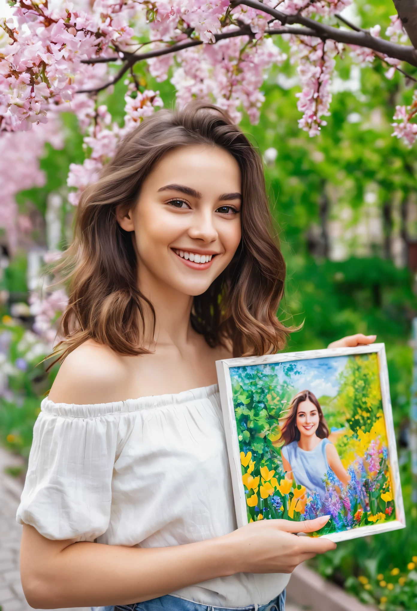 Real photo, natural , A brunette girl smiling, natural appearance, it's spring outside and she is holding a photo painting on canvas with her . Background street summer summer public garden 