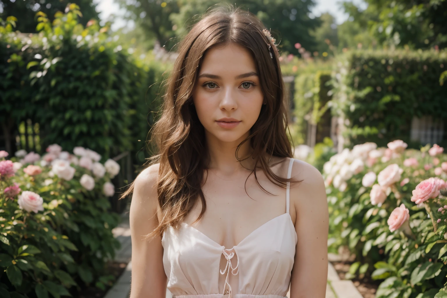 8k, RAW photo, Fujifilm, style photo of a beautiful young woman as avril in a garden of light pink roses (highly detailed skin: 1.2) Style-Petal BREAK short hair, blonde hair with colored locks, wearing a dress, film granulation, 35mm, cute style