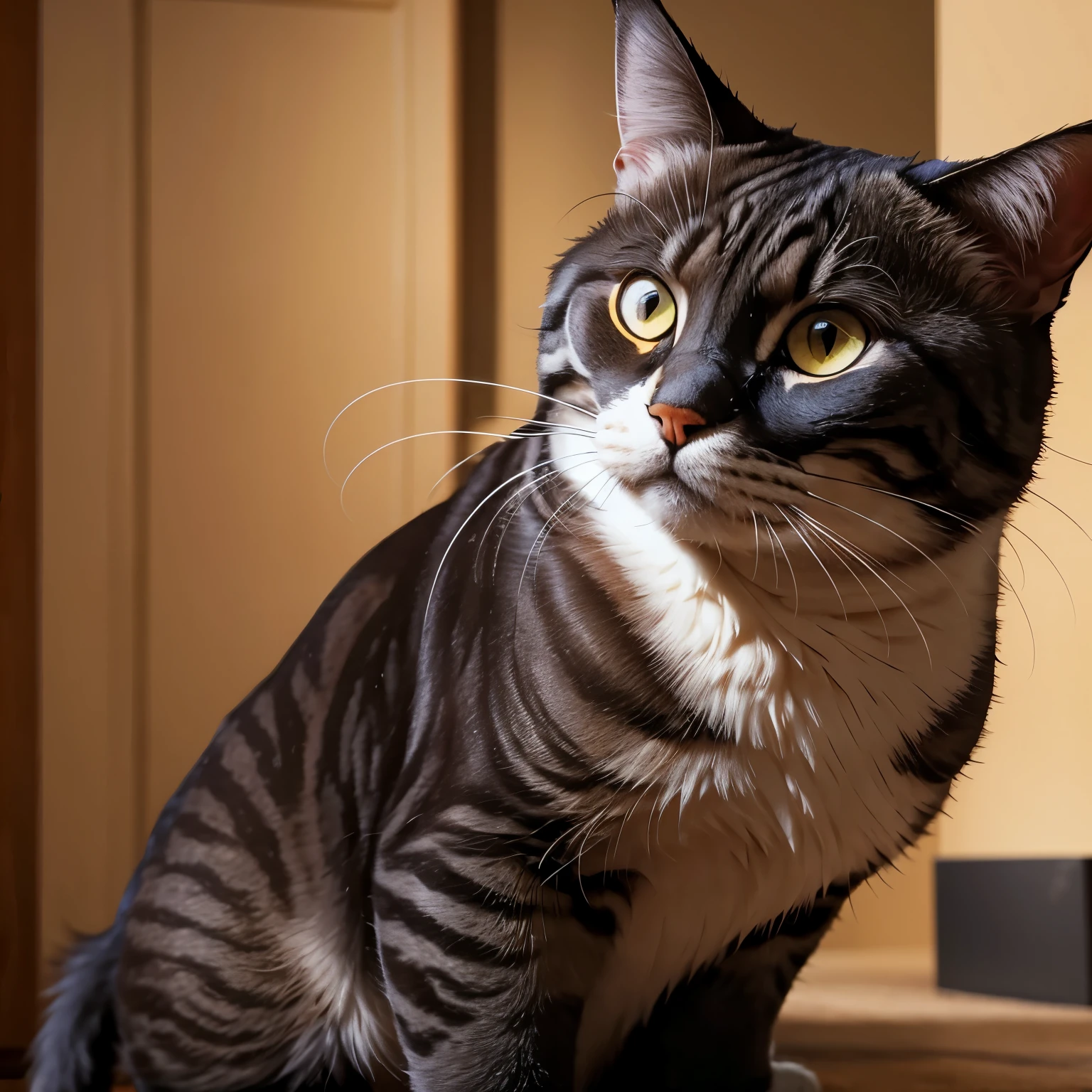 Un chat qui ressemblerait à Sylvester Stallone sur un canapé rouge