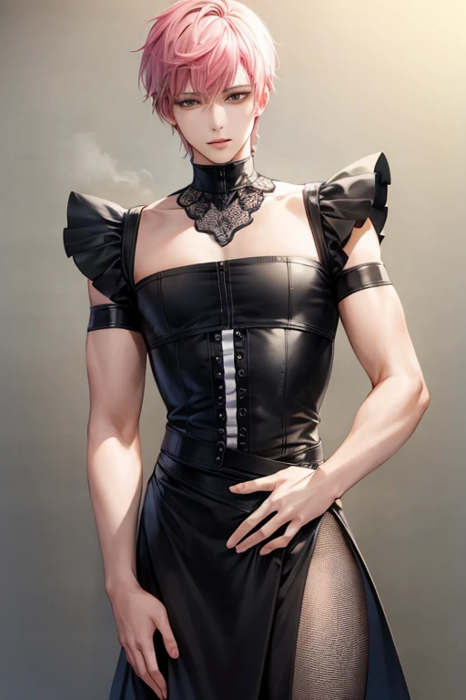 hot male, short pink hair, gothic dress, masc