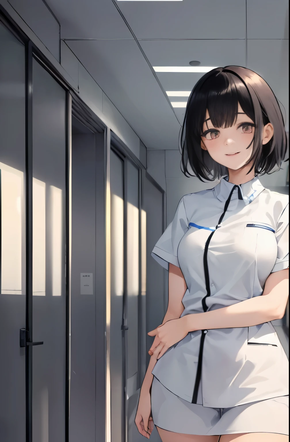 (One girl)、smile、turn around、nurse、nurse、hospital、Dark brown short hair、Dark brown eyes