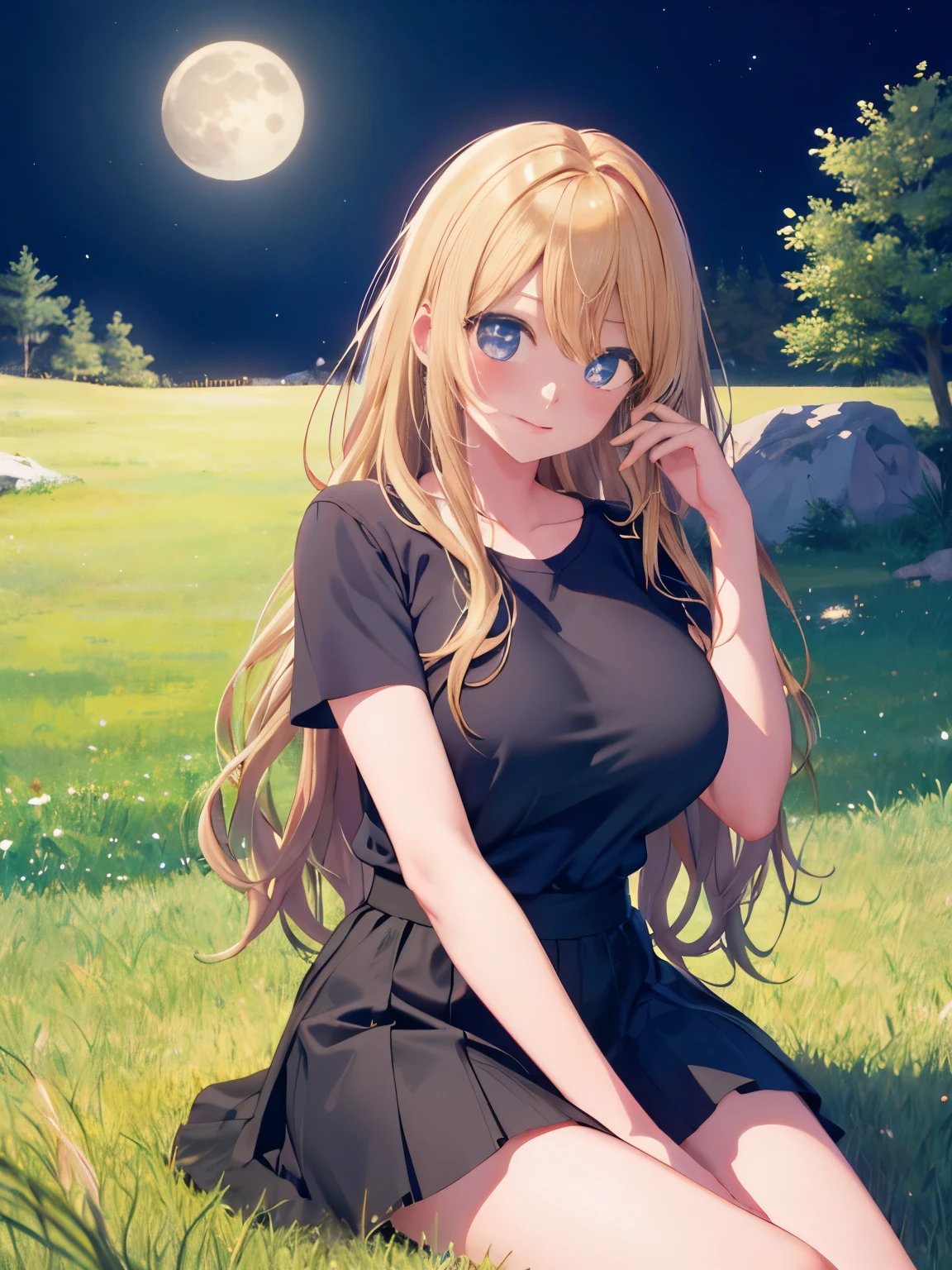 1woman,super beautiful,Sit,Hands holding neck,grass hill, looking away,at night, beautiful moon, blush,half body photo,Focus on face,Beautiful eyes, very detailed face, HD face, perfect face,black t-shirt,black mini skirt,Very big breasts,Blonde hair,long hair,wavy hair,bangs,blue eyes,ultra detail,ultra Hd, masterpiece,4k