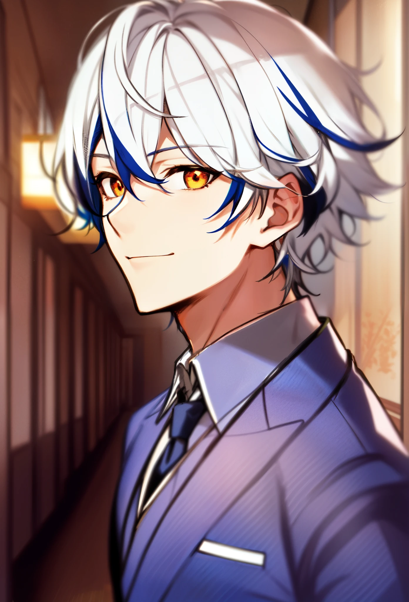 Anime boy with white hair and blue eyes in a suit - SeaArt AI