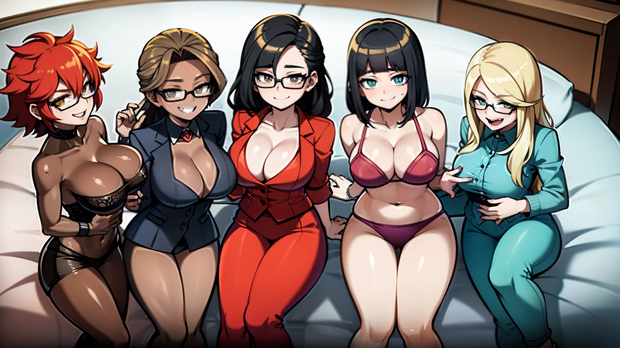 four sexy women looking at camera, flirtatious smiles, on bed, glasses, kindergarten teachers outfits, portrait