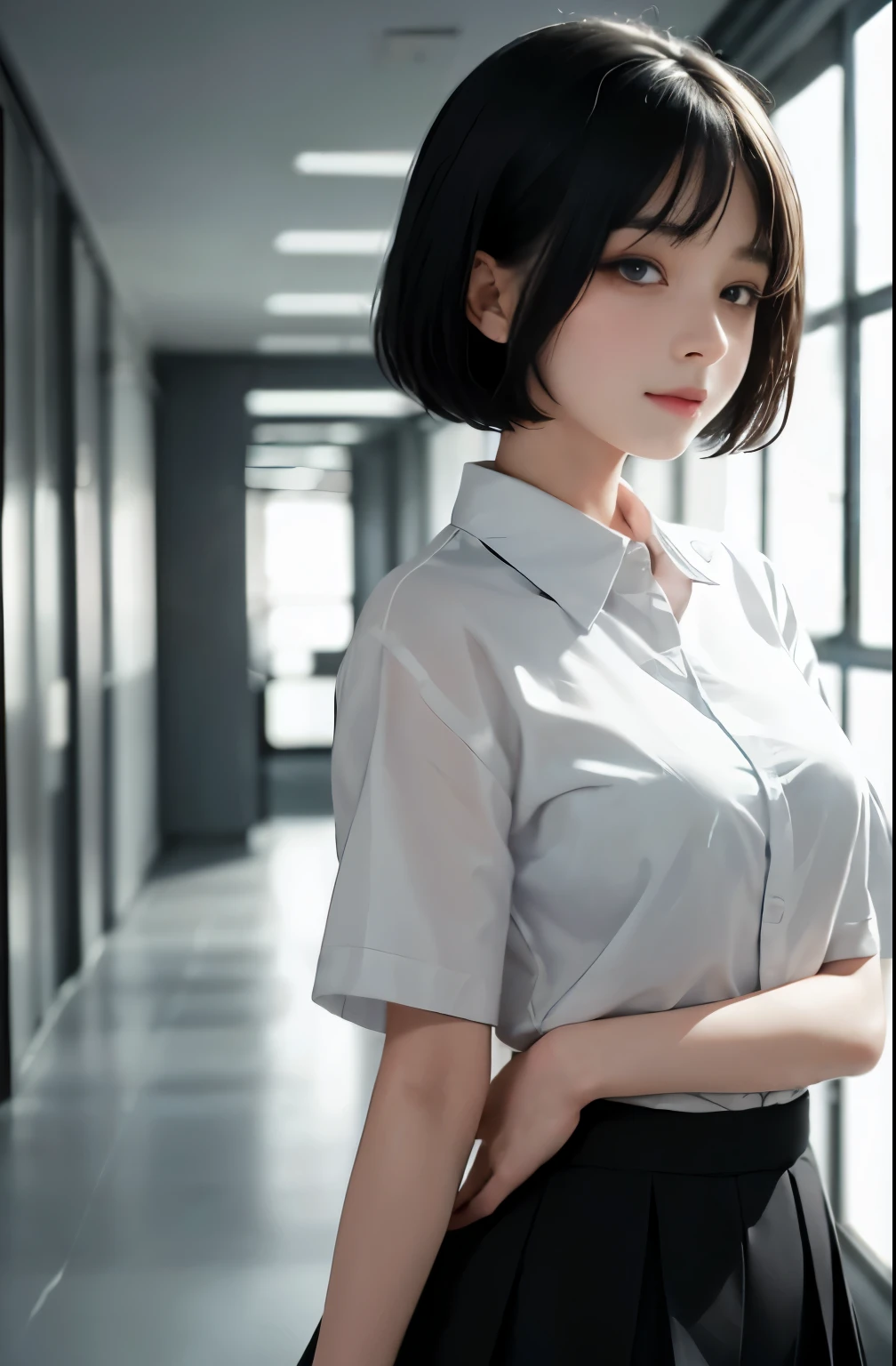 Indoor Hospital Corridor, 1 female soloner, /(black short hair/), /(Simple uniforms/), A gentle smile with a blush, (A masterpiece of the highest quality:1.3) Delicate illustrations in ultra-detailed high resolution, big breasts、narrow sharp eyes、