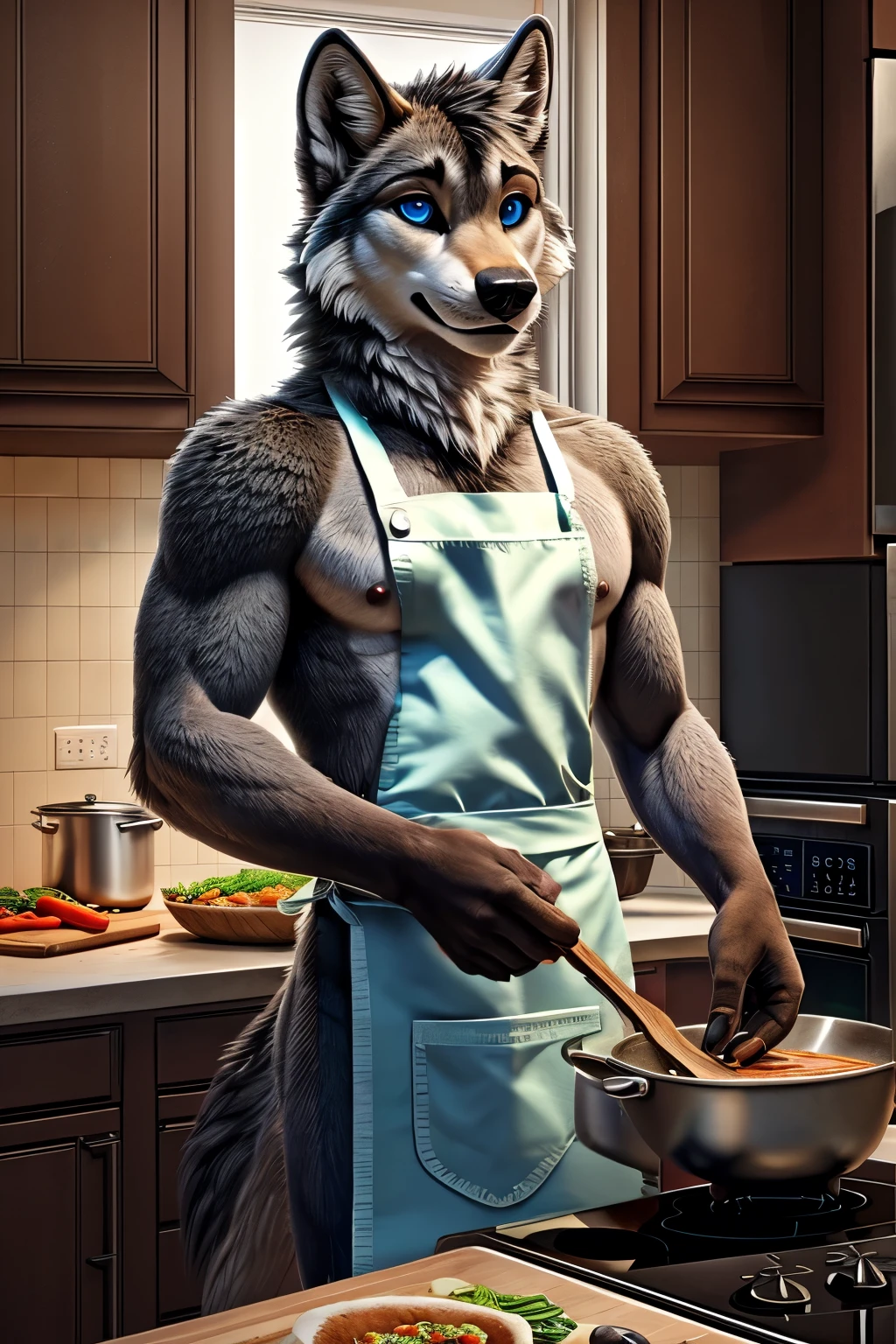 a werewolf in kitchen, highly detailed, 8K, solo, male, full body, stalking pose, two-tone fur, eating burgers, back turned posing, 