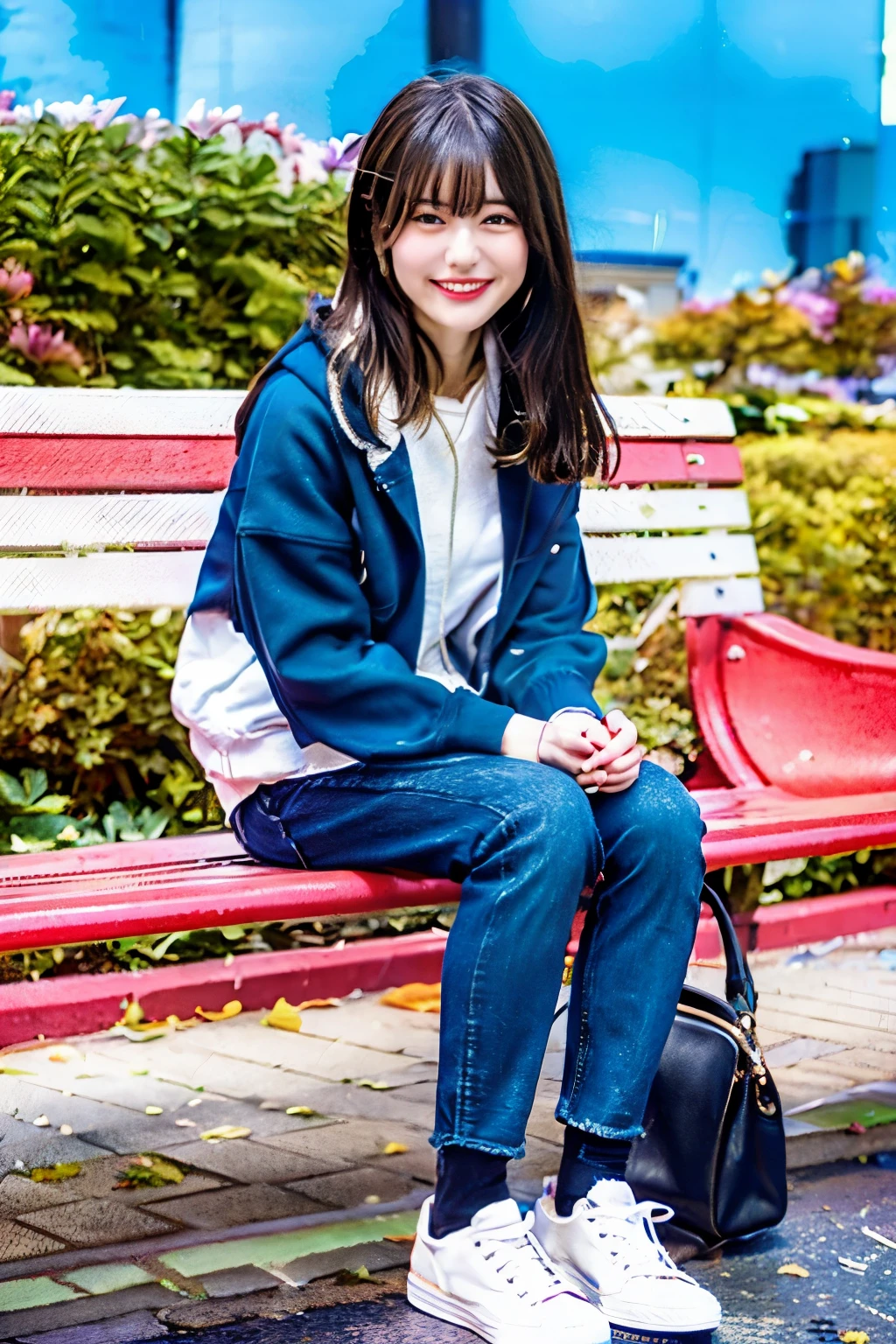 A neat and beautiful woman sitting on a park bench、hoodie、skinny denim、lace up shoes、socks slightly visible through shoes、black hair、refreshing smile、smiling showing teeth、full body photo