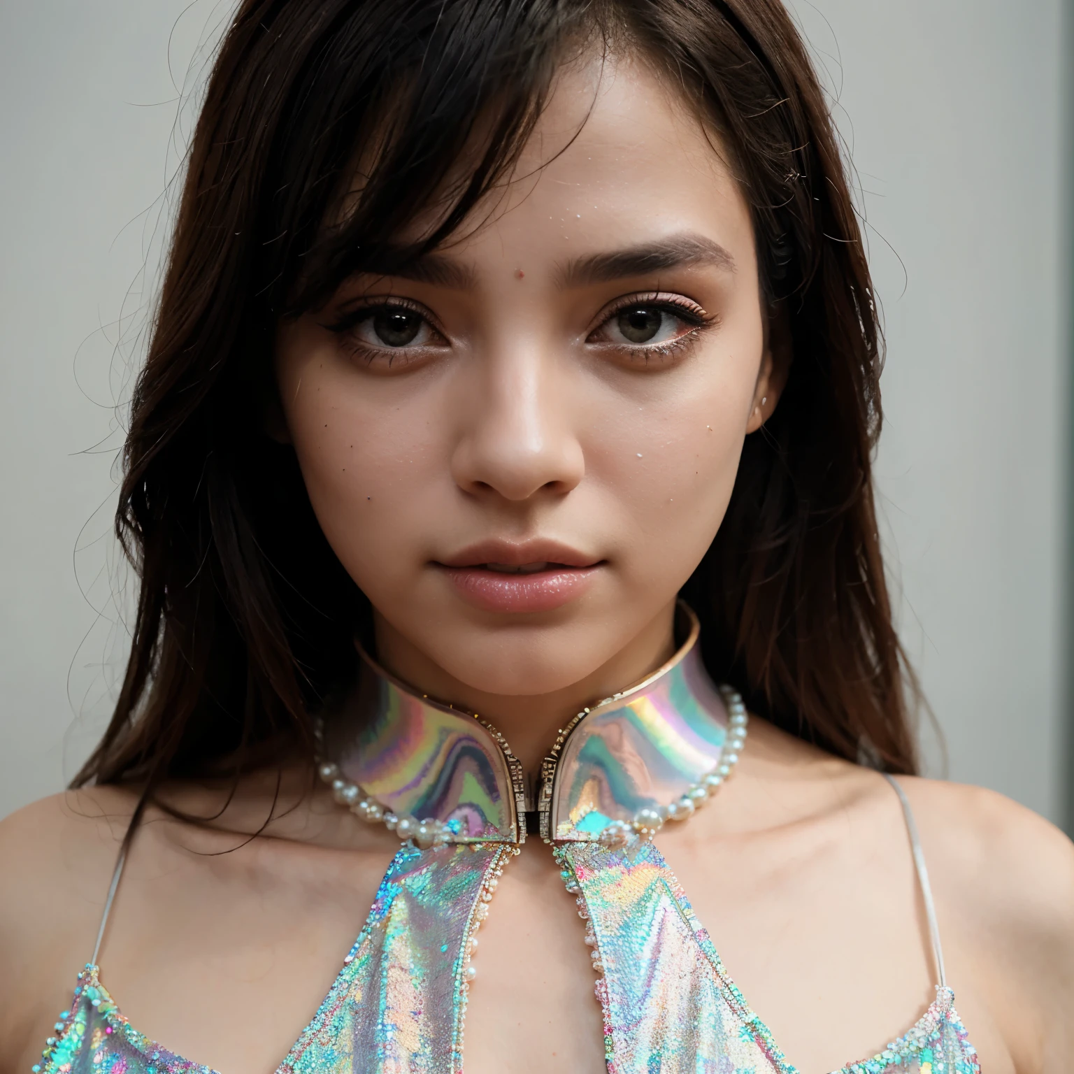 Conceptual fashion look inspired by the theme of artificial intelligence, usando as cores rosa, prata e branco. Utilizando glitter, holographic texture and pearls.