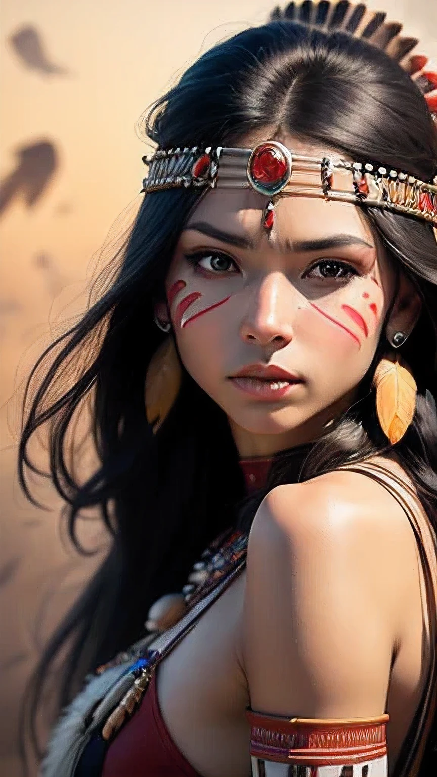 realistic photo, wide shot, low angle, photo of girl (native american) has long hair, dark skin, feathers, hair ornament, jewelry, necklace, tribal, headdress, armlet, facepaint, bracelet, imersive background, , realistic photo, otion blur, ray tracing, wide shot, low angle, raw photo, hdr, film grain, 8k, super detail, ccurate, best quality