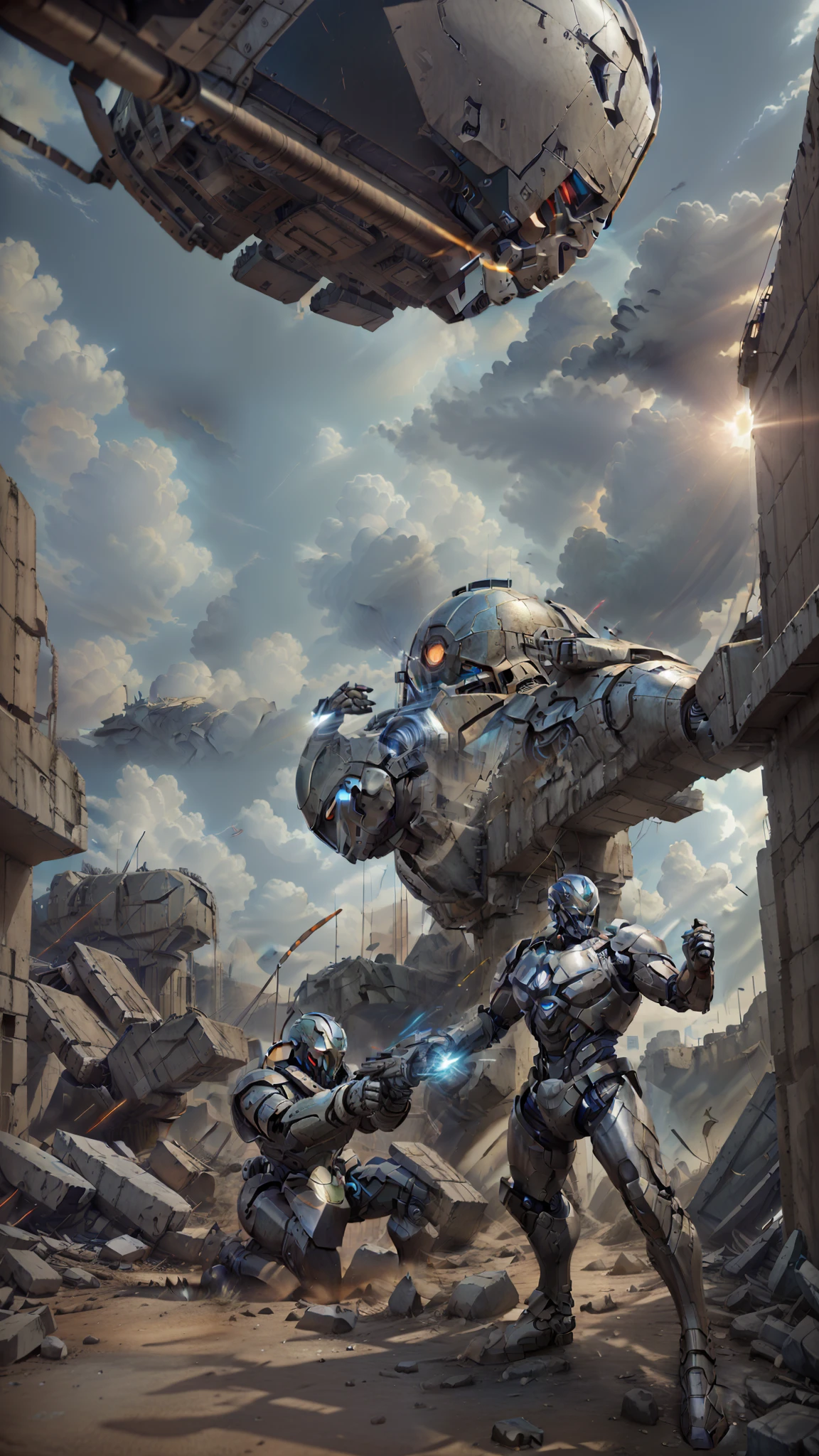 GameCG, war between robots and humans, ruins, Science fiction war, promotional poster, High detail, Rich colors, High contrast, HD8K, ultra-high resolution, Light and shadow effects, Metallic reflected light, Perfect light and shadow, Studio lighting, Texture film, highest masterpiece, war.