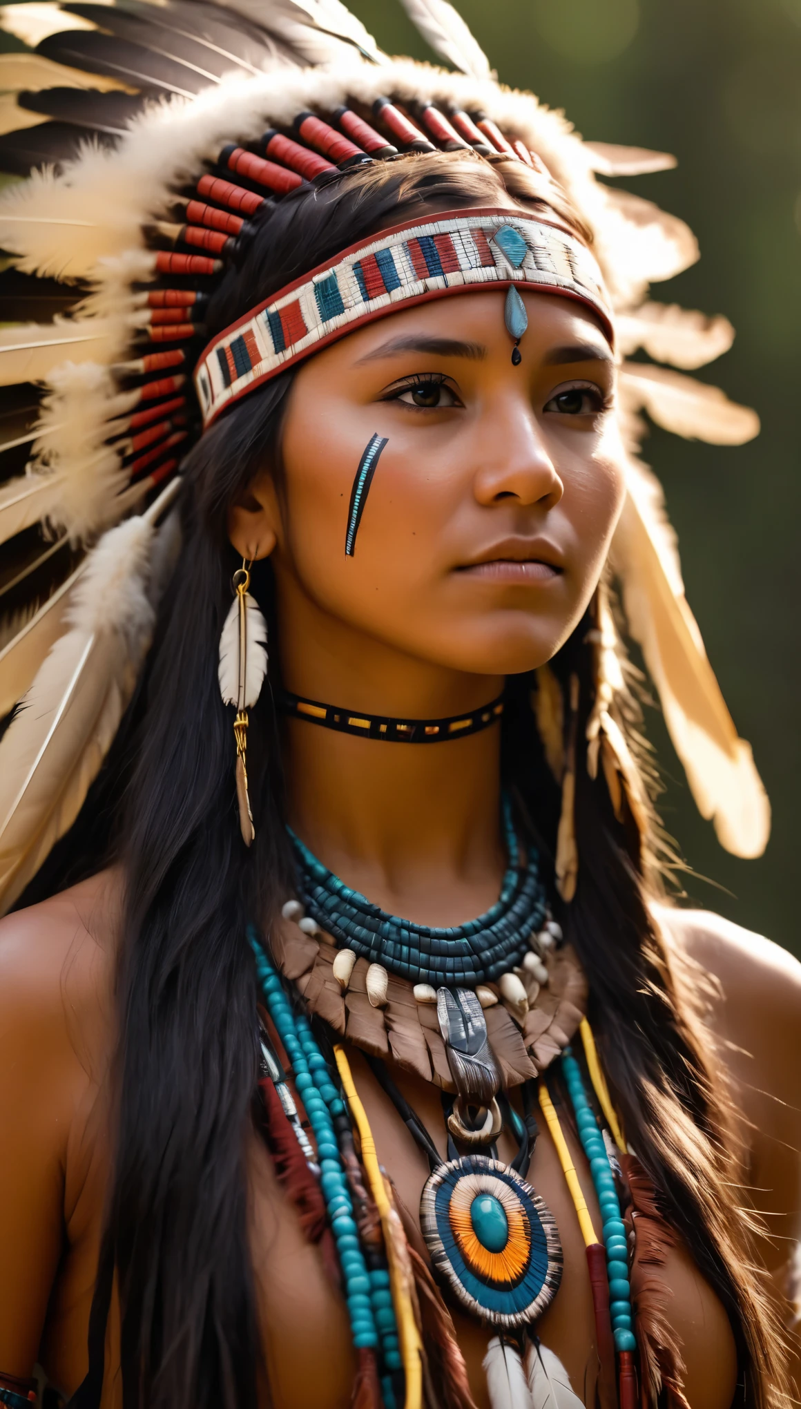 realistic photo of girl (native american) has long hair, dark skin, feathers, hair ornament, jewelry, necklace, tribal, headdress, armlet, facepaint, bracelet, imersive background, , realistic photo, otion blur, ray tracing, wide shot, low angle, raw photo, hdr, film grain, 8k, super detail, ccurate, best quality