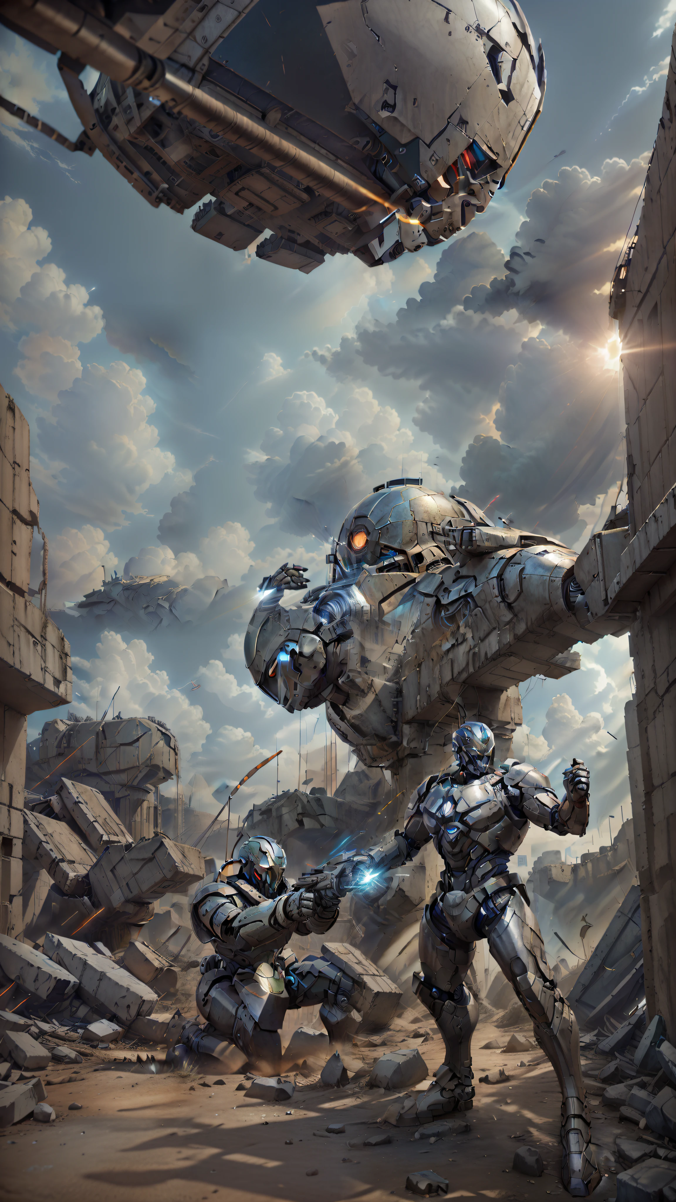 GameCG, war between robots and humans, ruins, Science fiction war, promotional poster, High detail, Rich colors, High contrast, HD8K, ultra-high resolution, Light and shadow effects, Metallic reflected light, Perfect light and shadow, Studio lighting, Texture film, highest masterpiece, war.