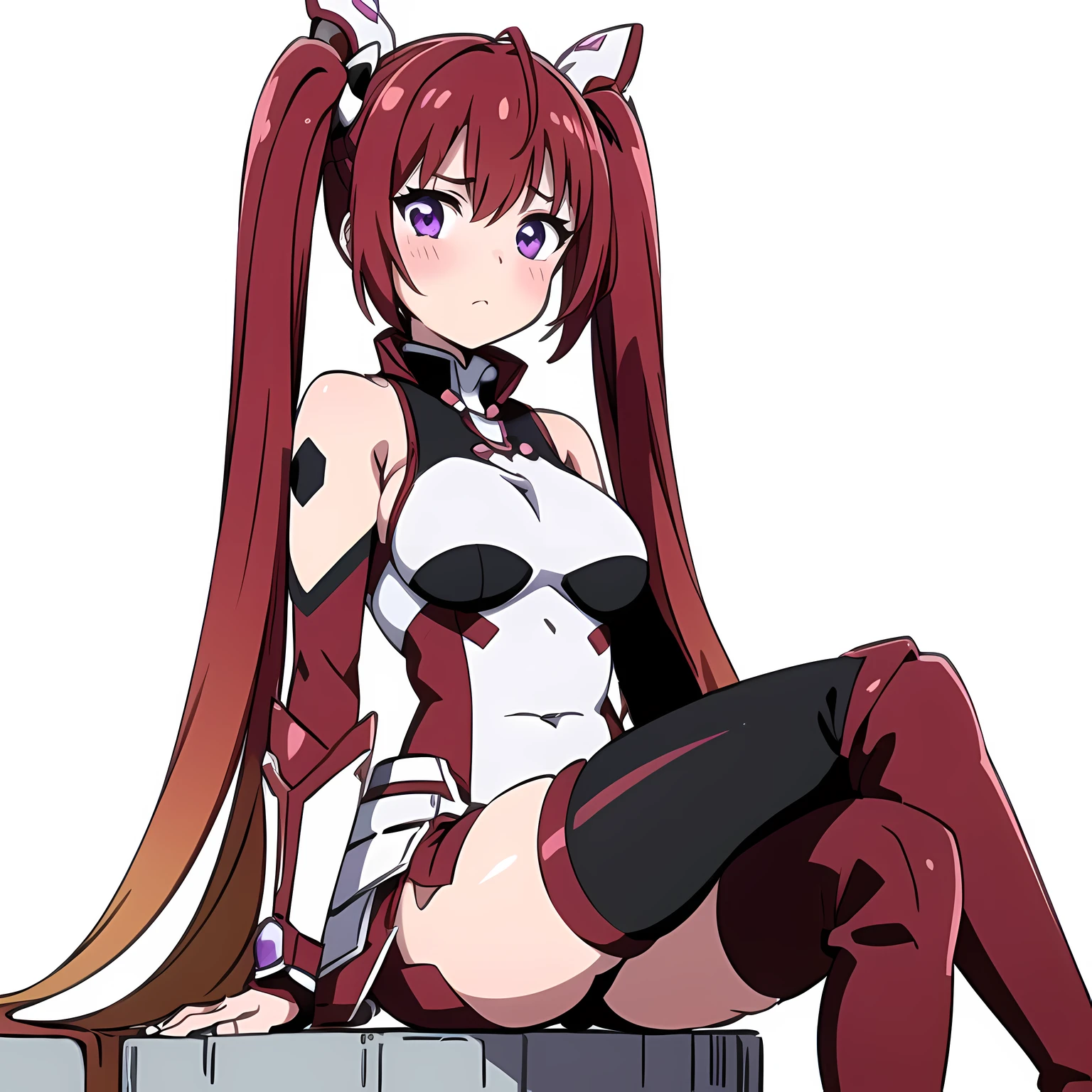 tailreddef, (tailred), very long hair, red hair, gradient hair, twintails, (detailed violet eyes), cute, blush, sitting with crossed legs, looking at viewer, (((((covered huge curvy breasts))))), (((tailred black and white outfit))), tail gear, armor, ((black pants)), ((red thigh high boots)), (black thigh highasterpiece, high resolution, best quality