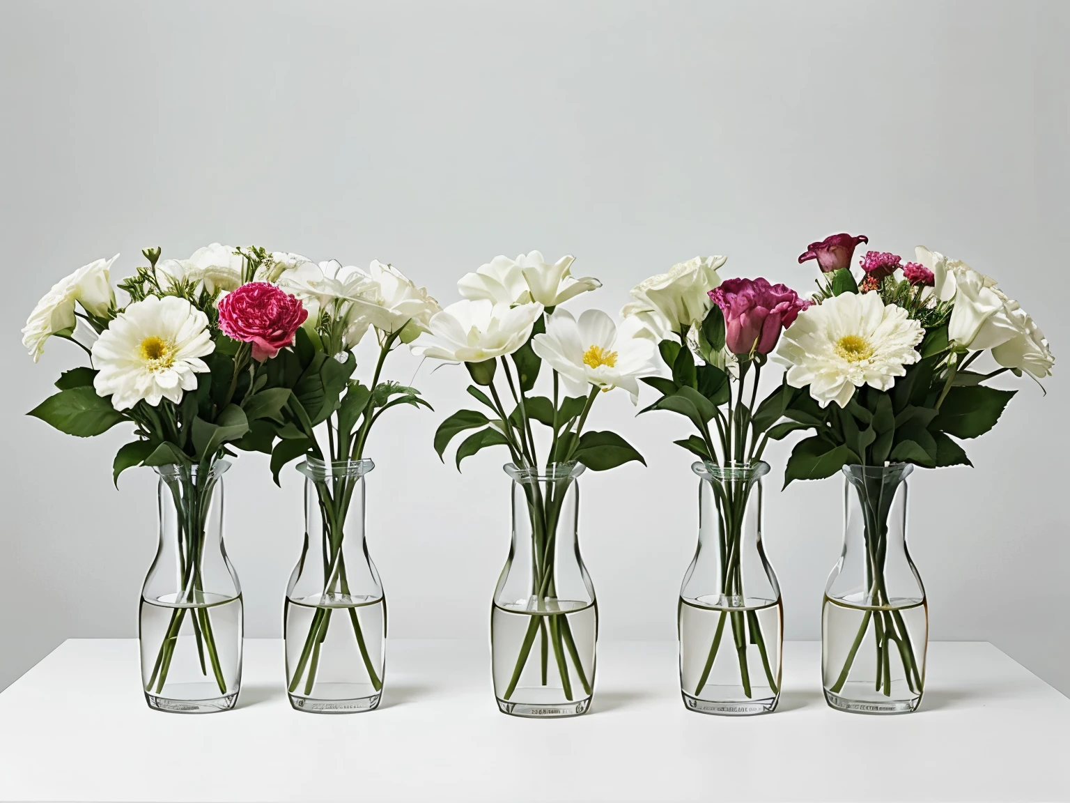 no people, 20 diffent flowers one by one, white background, bright colors, white empty space on the top, no stem, no vase, no water
