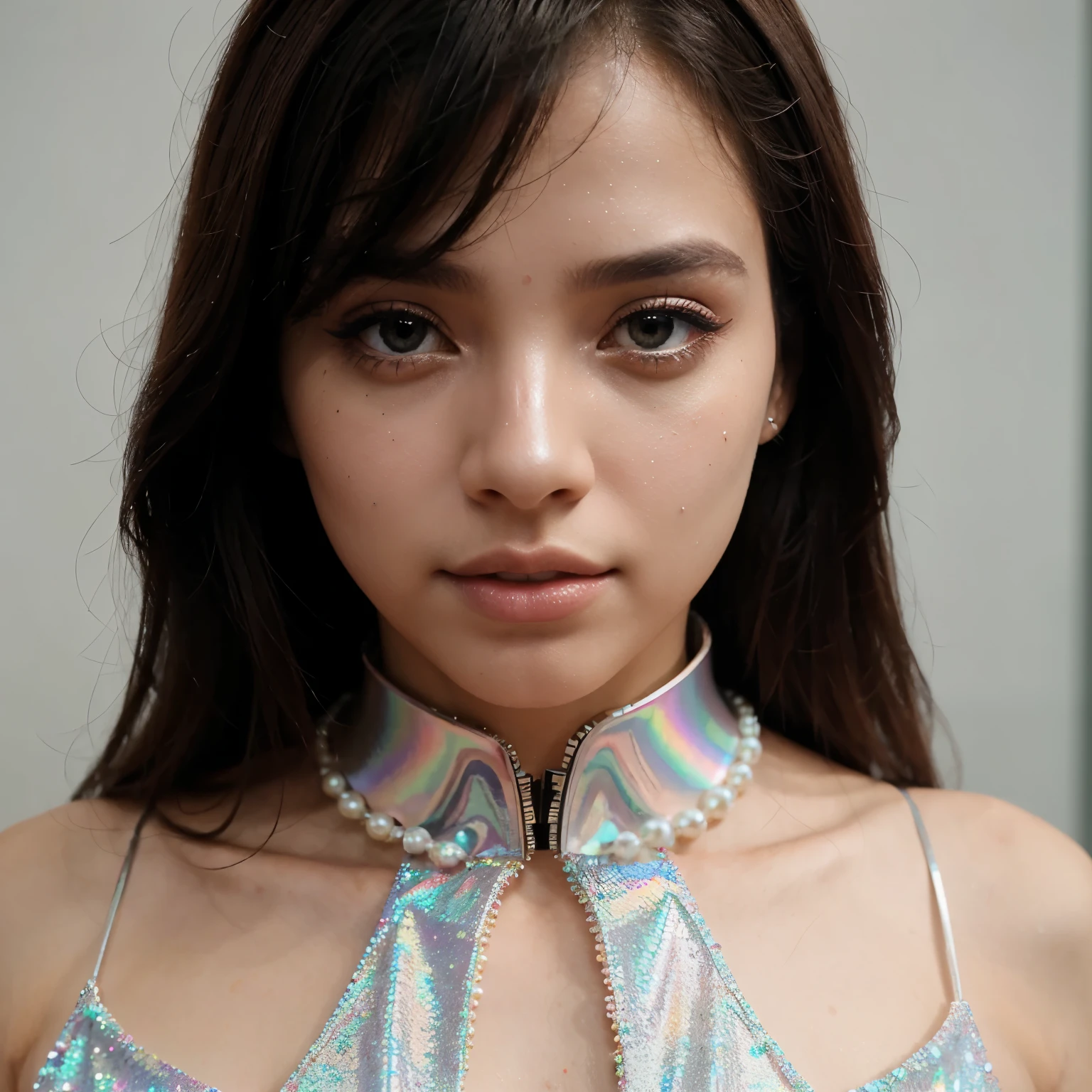 Look conceitual fashion corpo inteiro, inspired by the theme of artificial intelligence, usando as cores rosa, prata e branco. Utilizando glitter, holographic texture and pearls.