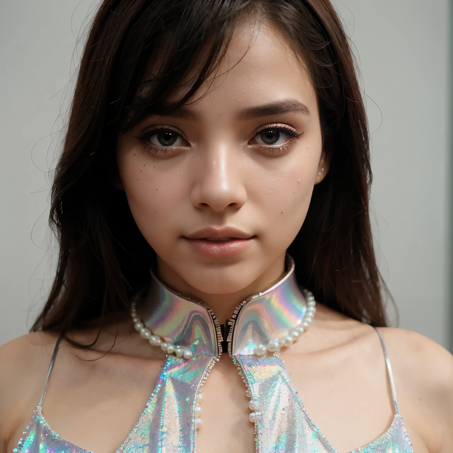 Look conceitual fashion corpo inteiro, inspired by the theme of artificial intelligence, usando as cores rosa, prata e branco. Utilizando glitter, holographic texture and pearls.