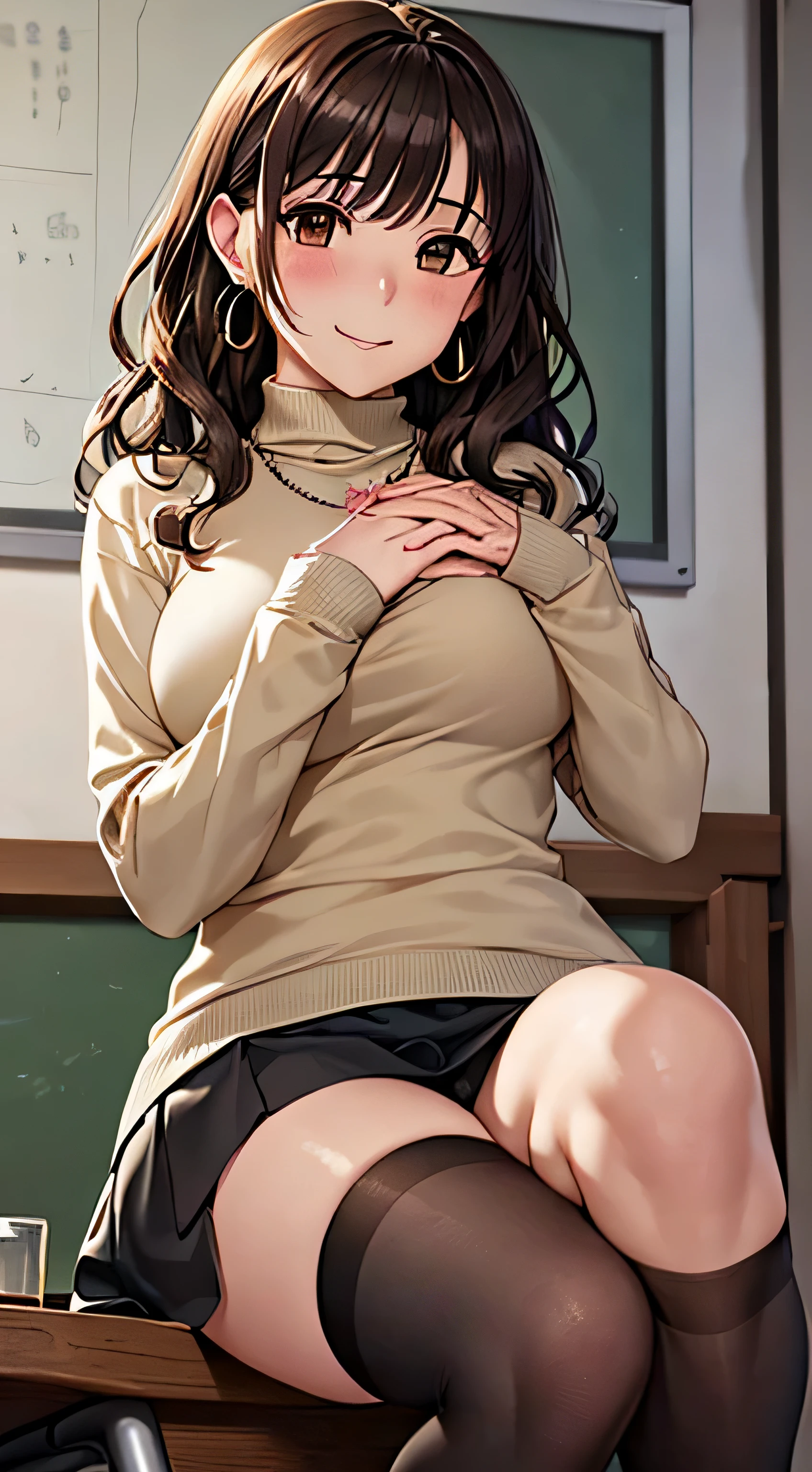 (table top, highest quality, High resolution, , perfect pixel, 4k,), 1 girl, single, alone, Beautiful woman、I could see the whole body、 ((wavy middle hair, bangs, brown hair)), ((brown eyes, beautiful eyelashes, realistic eyes)), ((detailed face, blush:1.2)), ((smooth texture:0.75, realistic texture:0.65, realistic:1.1, Anime CG style)), medium breasts, dynamic angle, perfect body, ((, female teacher, , earrings、necklace、turtleneck sweater、beige flared skirt、black knee high stockings、open both legs wide、、shy smile)), upper grade、、、evening、sit at desk、You can see the light blue lace panties、(、(close your chest with both hands)、angle from below)、