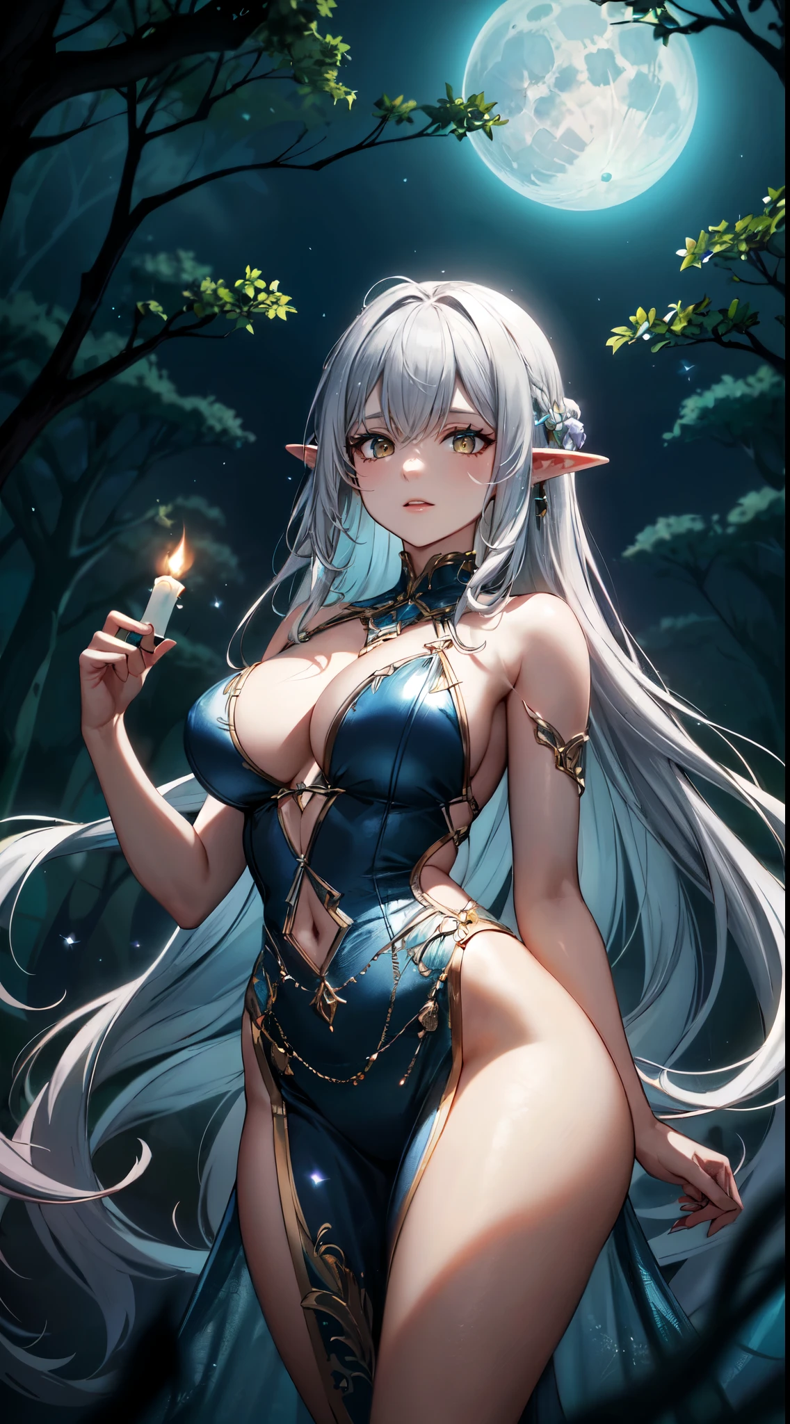 An elf woman with extremely detailed eyes, standing under the dark moon with her face illuminated by its pale light. Her eyes are captivating, with a vibrant shade of blue that sparkles like sapphires. She stands tall and elegant, with a slender figure and soft, fair skin that glows in the moonlight. Her hair cascades down in golden waves, reaching her waist and shimmering like a halo.
The elf woman is dressed in ethereal attire, wearing a flowing gown made of delicate moonlit fabric. It drapes around her body, revealing her curves and a hint of her half-naked skin, adding a touch of allure to her presence. The gown shimmers with a silver sheen, reflecting the moon's glow and giving her an otherworldly appearance.
As she stands beneath the moon, she gazes into the distance with a serene expression on her face. Her lips are full and delicately shaped, with a subtle pink tint that complements her overall ethereal beauty. Her big yellow eyes, like the flickering flames of a candle, hold a mysterious and captivating gaze.
The scene is set in a mystical forest, with towering ancient trees surrounding the elf woman. Their branches extend towards the sky, creating an intricate canopy that partially obscures the moon. The forest is bathed in a dim, moonlit glow, casting an enchanting ambiance over the entire scene. Shadows dance on the forest floor, adding an element of intrigue and highlighting the elf woman's prominence in the composition.
The colors in the artwork are predominantly cool tones, ranging from deep blues to silver and muted purples. These colors create a tranquil and magical atmosphere, enhancing the overall enchantment of the scene. The moonlight casts a soft, ethereal glow on the elf woman, emphasizing her delicate features and creating depth within the image.
To achieve the best quality and realism in the artwork, the prompt should include tags such as "(best quality, highres:1.2)", "ultra-detailed", and "photorealistic:1.37". These keywords indicate