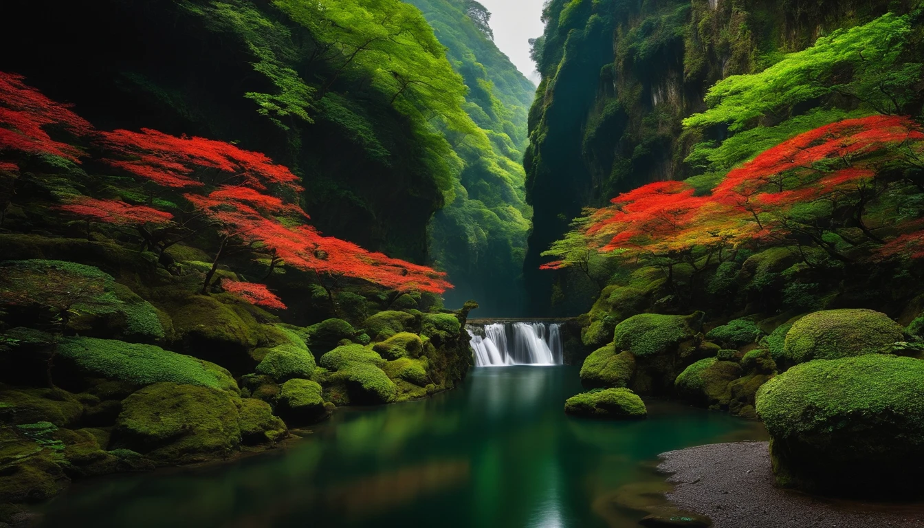 japanese landscape、Takachiho Gorge in Kyushu、vivid、distinct、