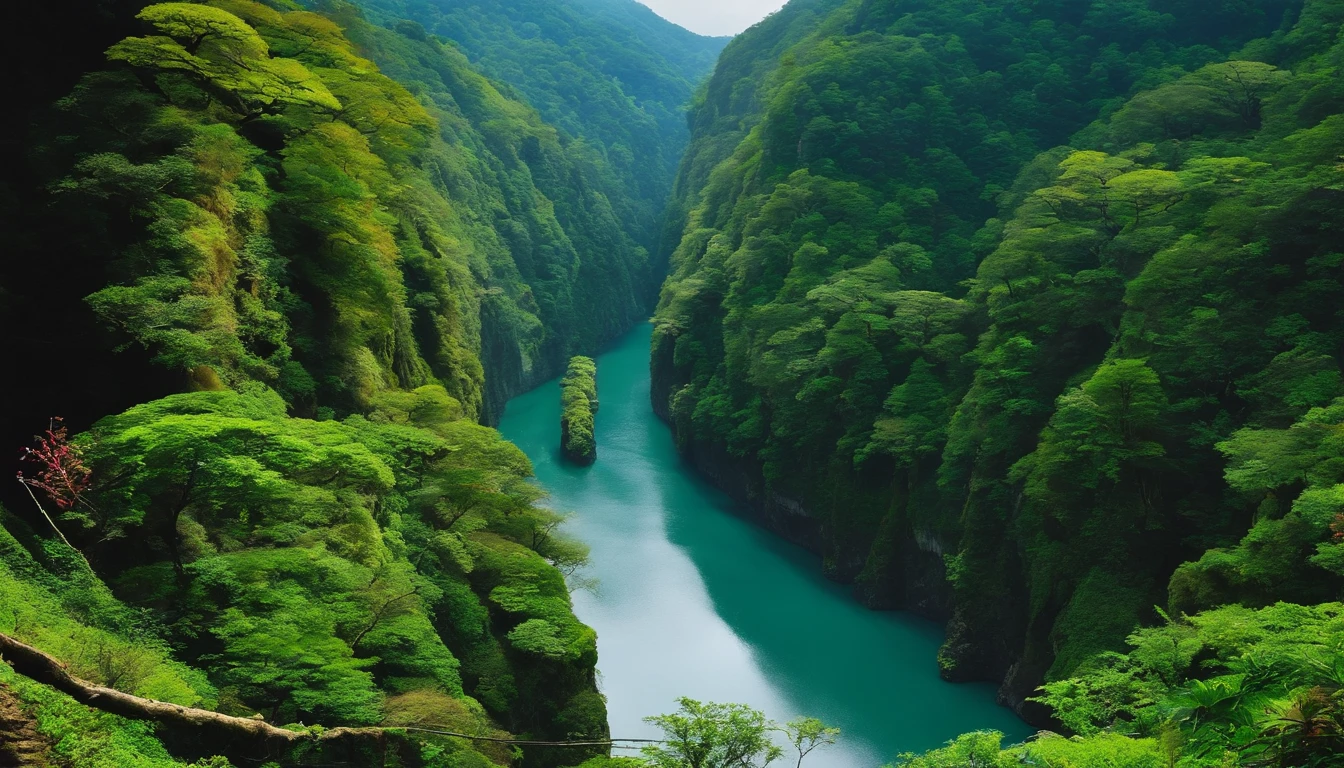 japanese landscape、Takachiho Gorge in Kyushu、vivid、distinct、
